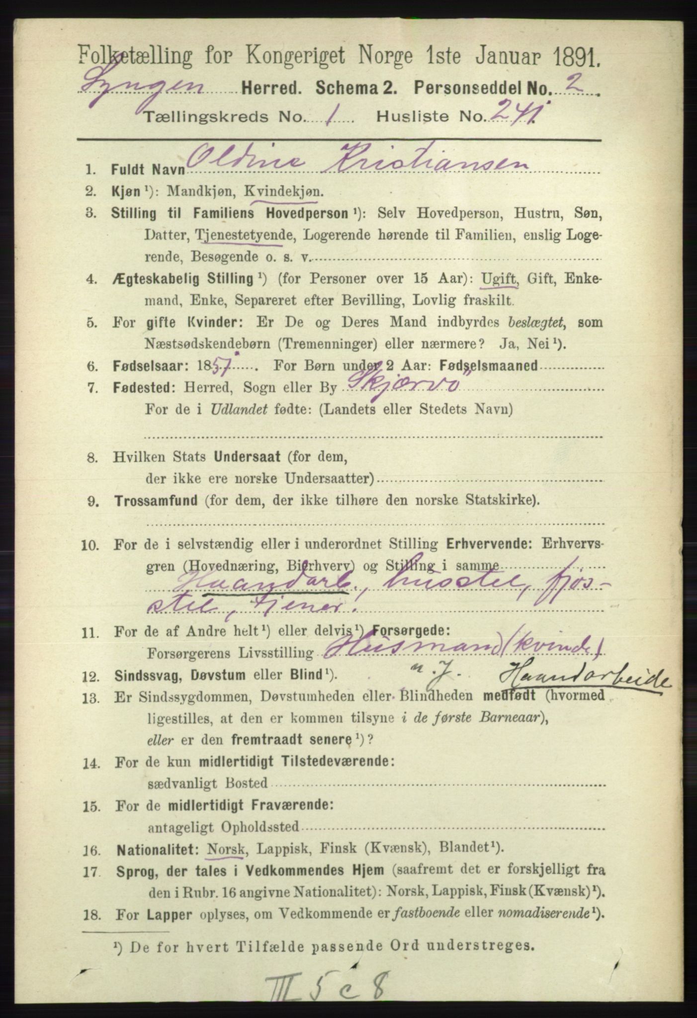 RA, 1891 census for 1938 Lyngen, 1891, p. 1889