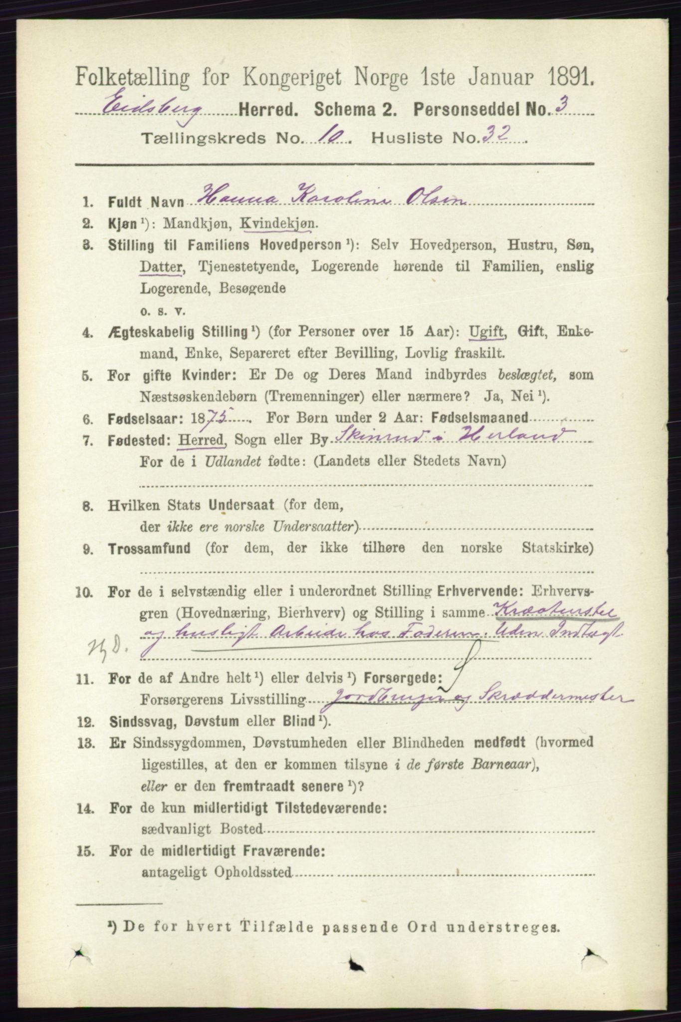 RA, 1891 census for 0125 Eidsberg, 1891, p. 5856