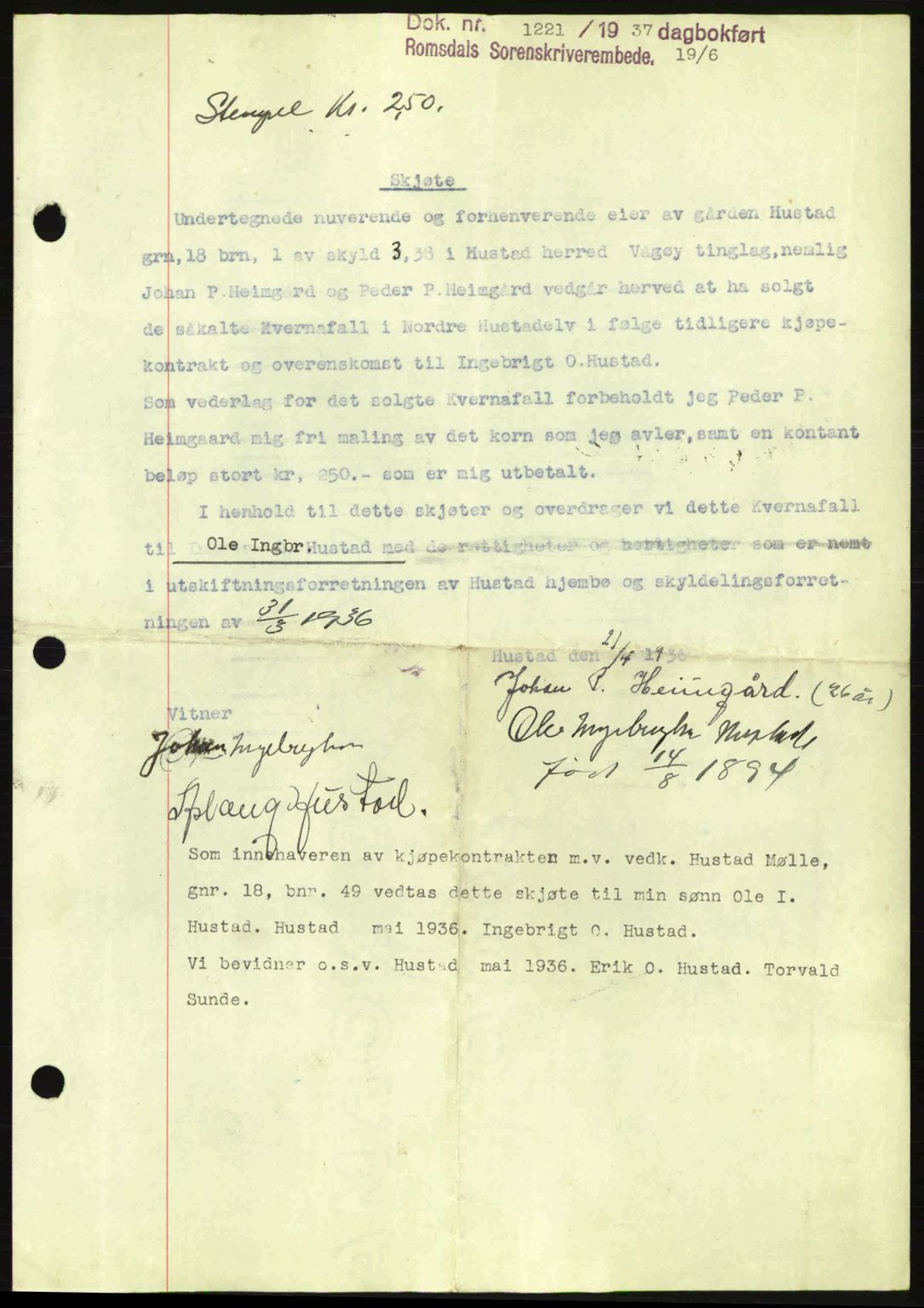 Romsdal sorenskriveri, SAT/A-4149/1/2/2C: Mortgage book no. A3, 1937-1937, Diary no: : 1221/1937