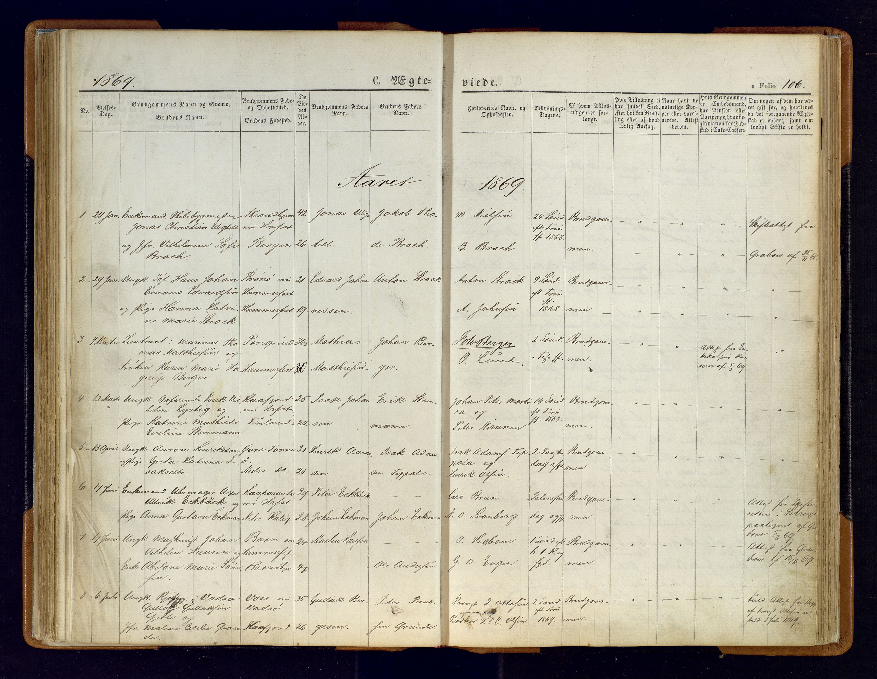 Hammerfest sokneprestkontor, AV/SATØ-S-1347/H/Ha/L0006.kirke: Parish register (official) no. 6, 1869-1877, p. 106