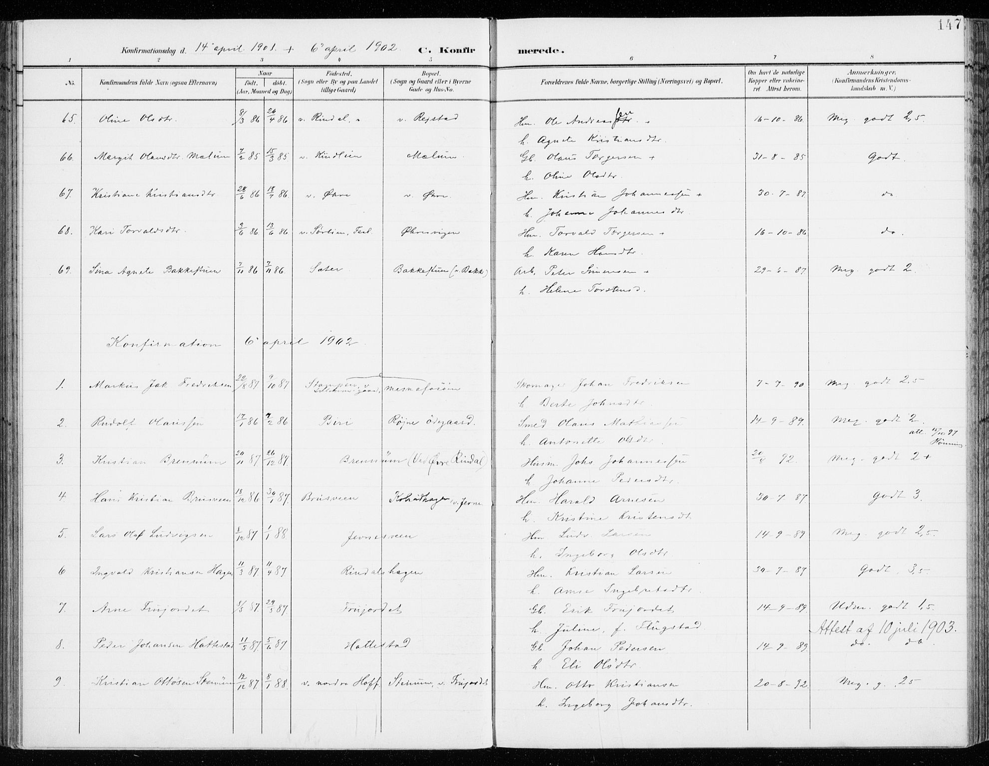 Fåberg prestekontor, AV/SAH-PREST-086/H/Ha/Haa/L0011: Parish register (official) no. 11, 1899-1913, p. 147