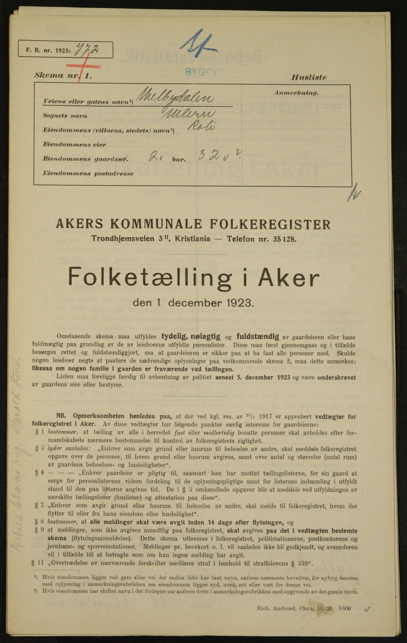 , Municipal Census 1923 for Aker, 1923, p. 4747