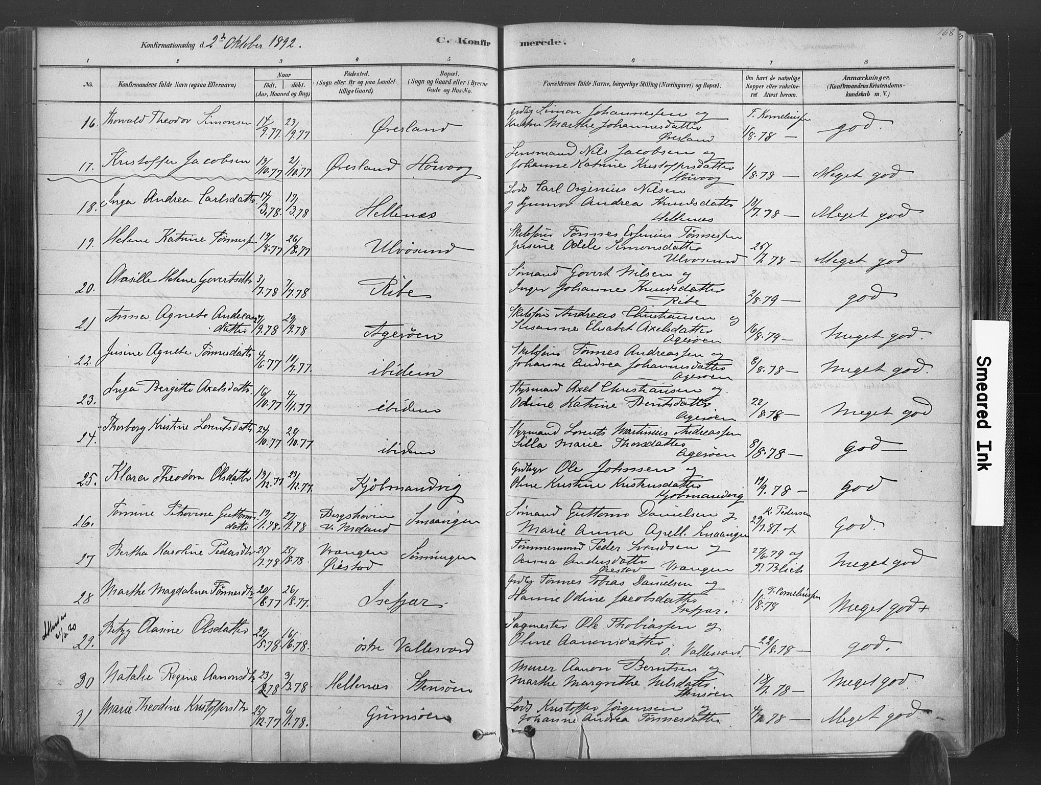 Høvåg sokneprestkontor, SAK/1111-0025/F/Fa/L0005: Parish register (official) no. A 5, 1878-1893, p. 168