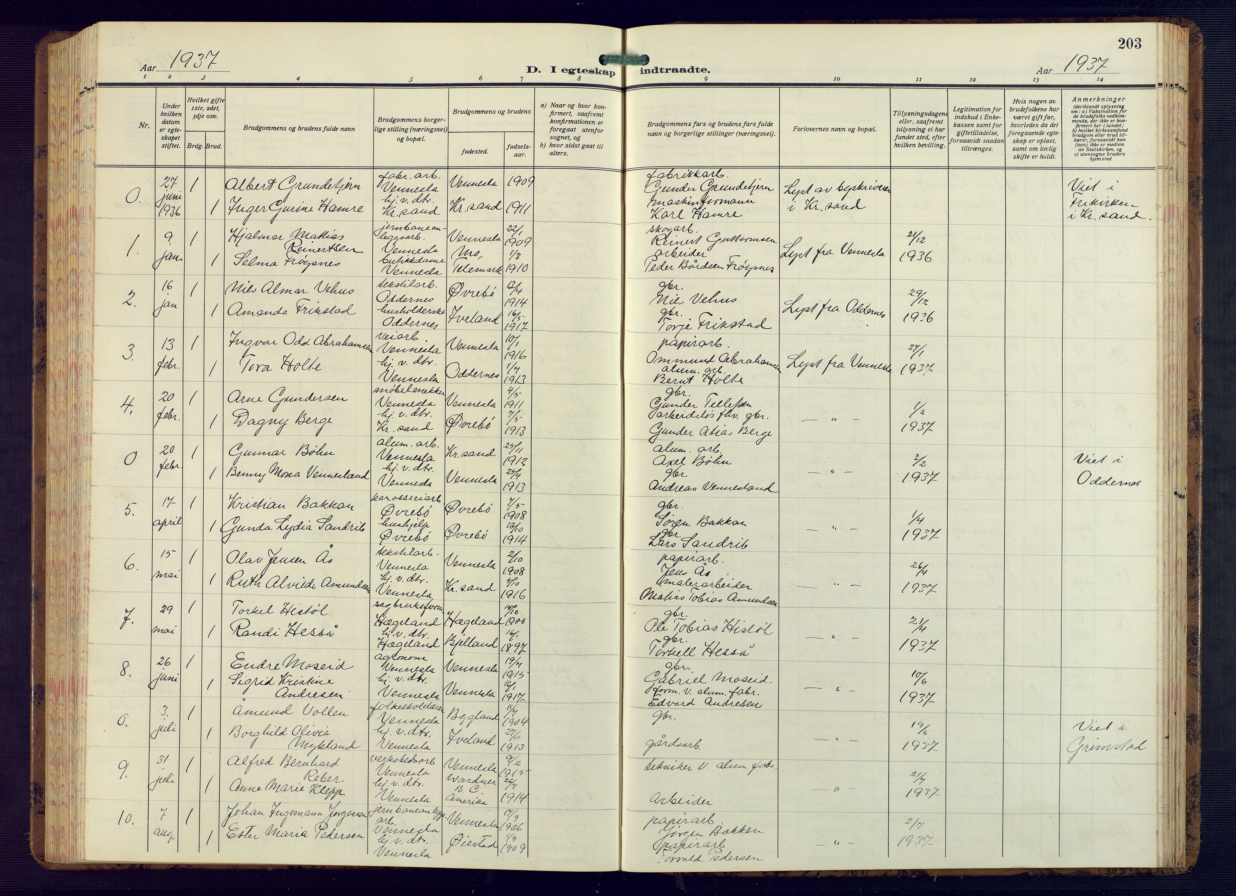 Vennesla sokneprestkontor, AV/SAK-1111-0045/Fb/Fbb/L0008: Parish register (copy) no. B 8, 1934-1947, p. 203