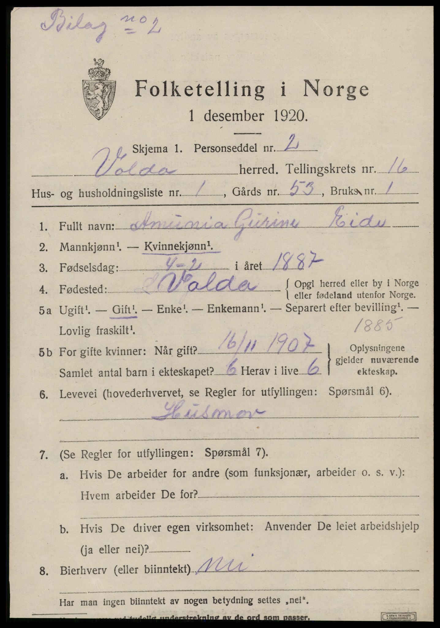 SAT, 1920 census for Volda, 1920, p. 9206