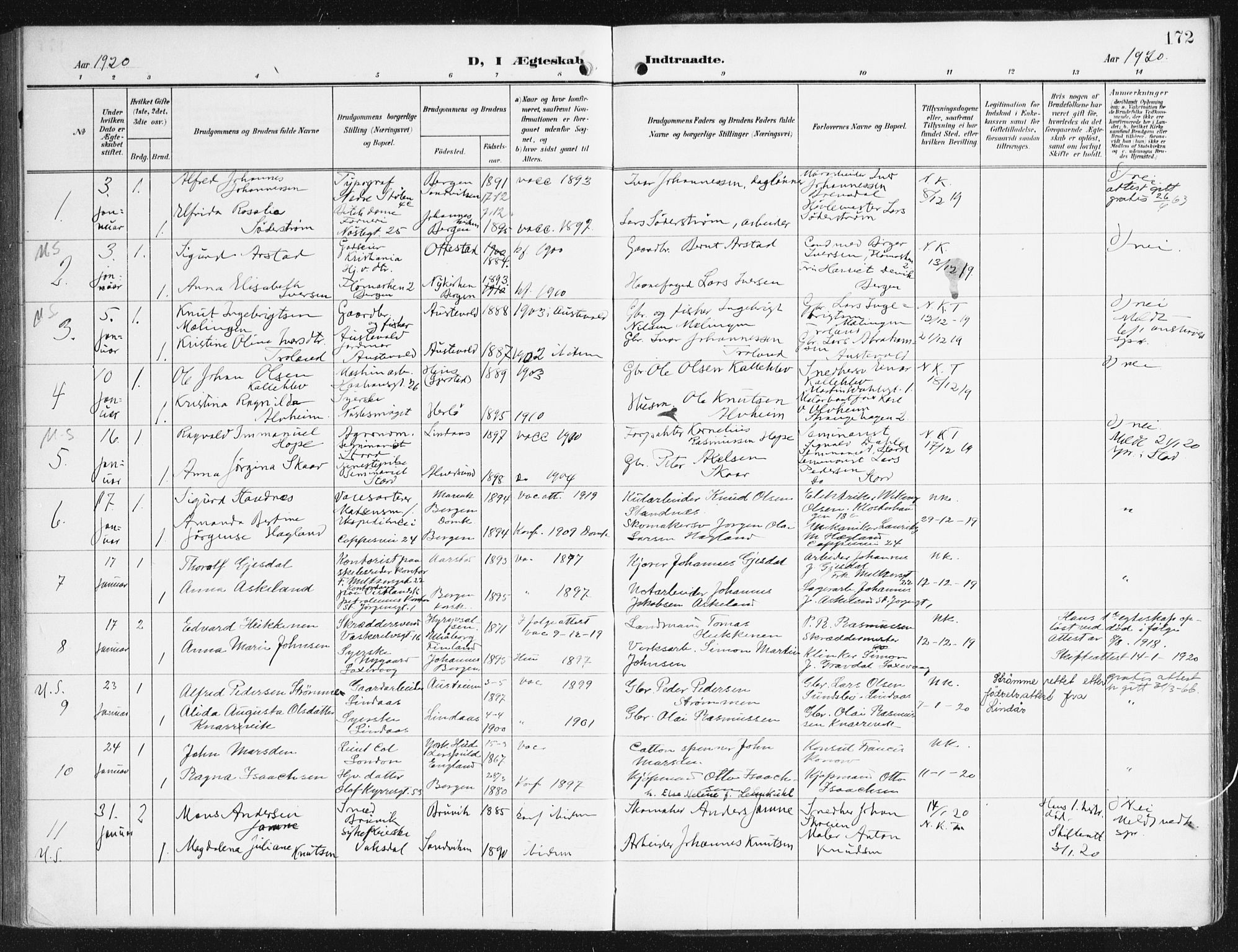 Domkirken sokneprestembete, AV/SAB-A-74801/H/Haa/L0038: Parish register (official) no. D 5, 1906-1921, p. 172