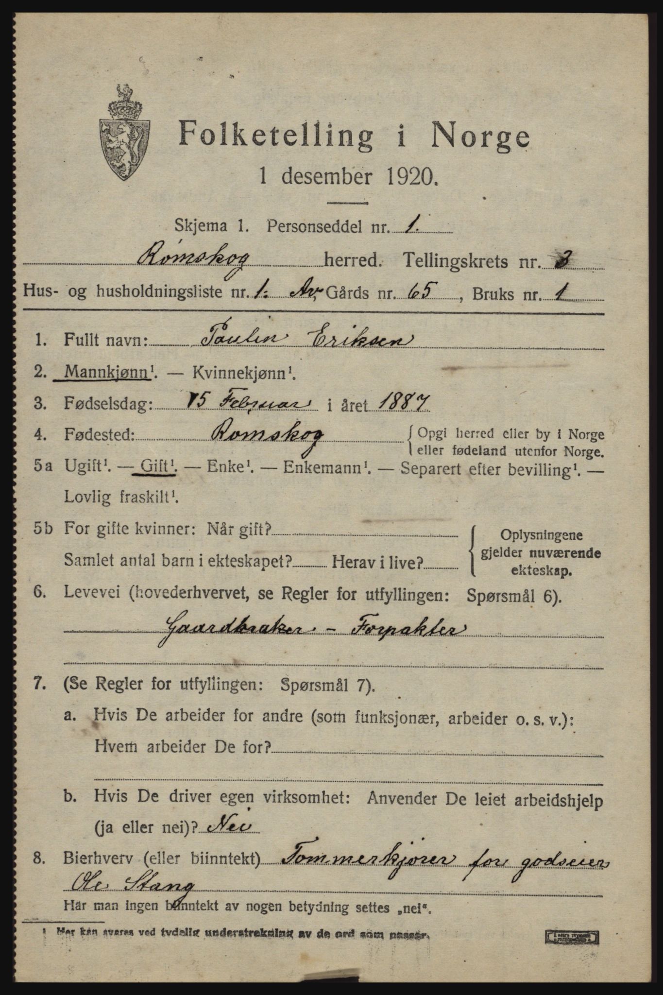 SAO, 1920 census for Rømskog, 1920, p. 990