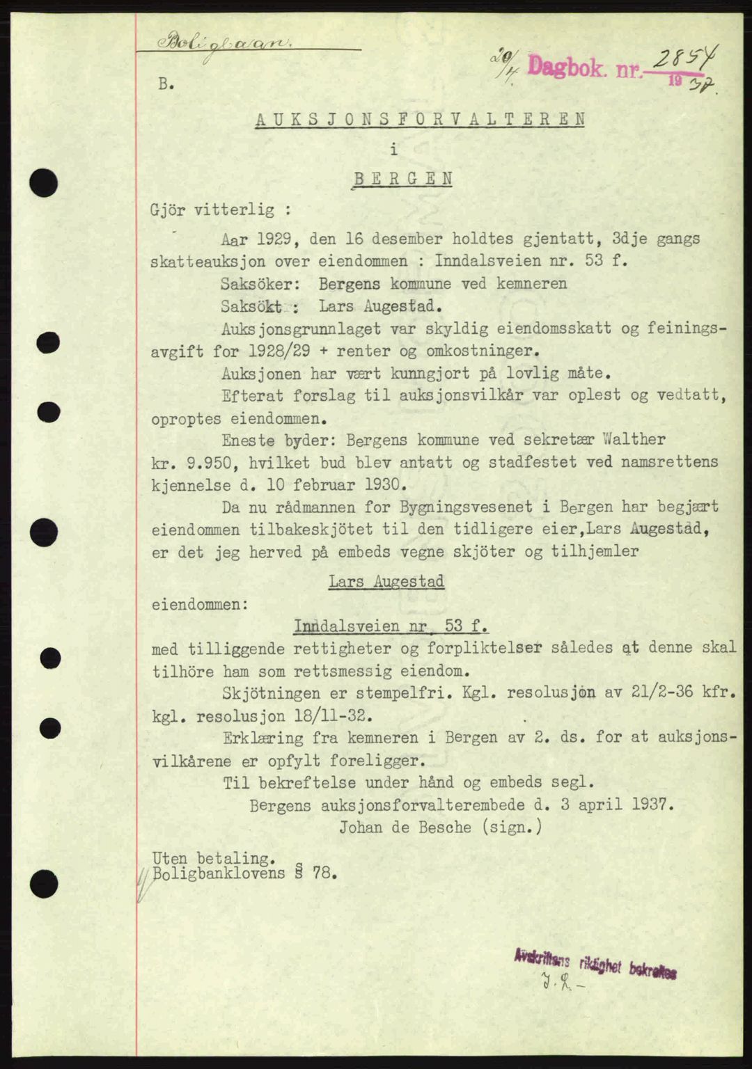 Byfogd og Byskriver i Bergen, SAB/A-3401/03/03Bc/L0004: Mortgage book no. A3-4, 1936-1937, Diary no: : 2854/1937