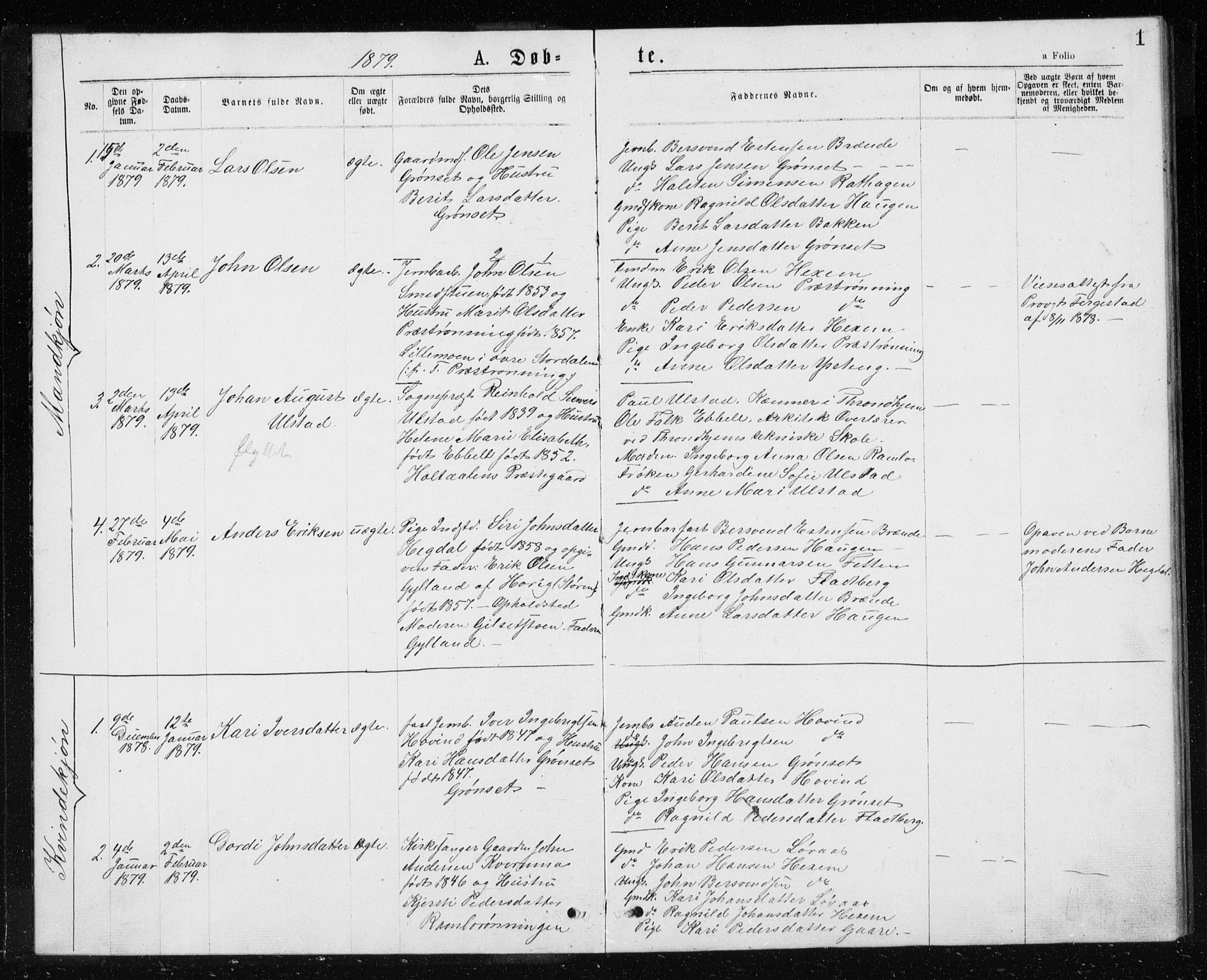 Ministerialprotokoller, klokkerbøker og fødselsregistre - Sør-Trøndelag, SAT/A-1456/685/L0977: Parish register (copy) no. 685C02, 1879-1890, p. 1