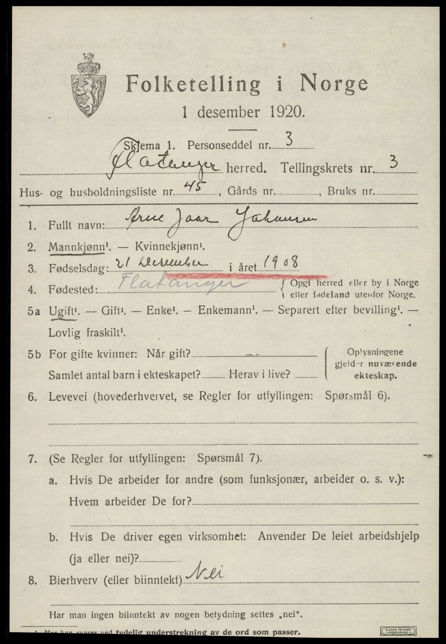 SAT, 1920 census for Flatanger, 1920, p. 2118