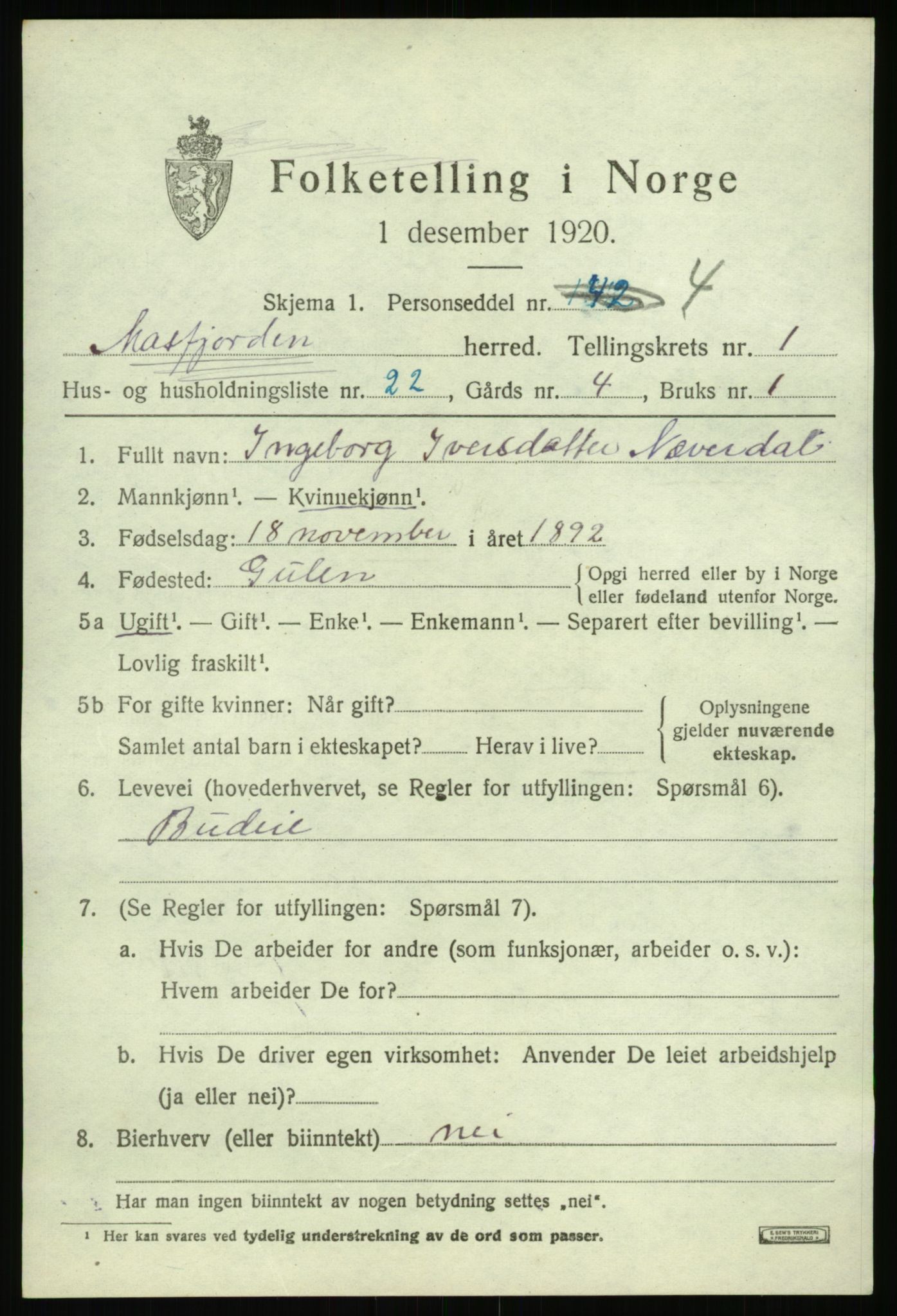 SAB, 1920 census for Masfjorden, 1920, p. 1015