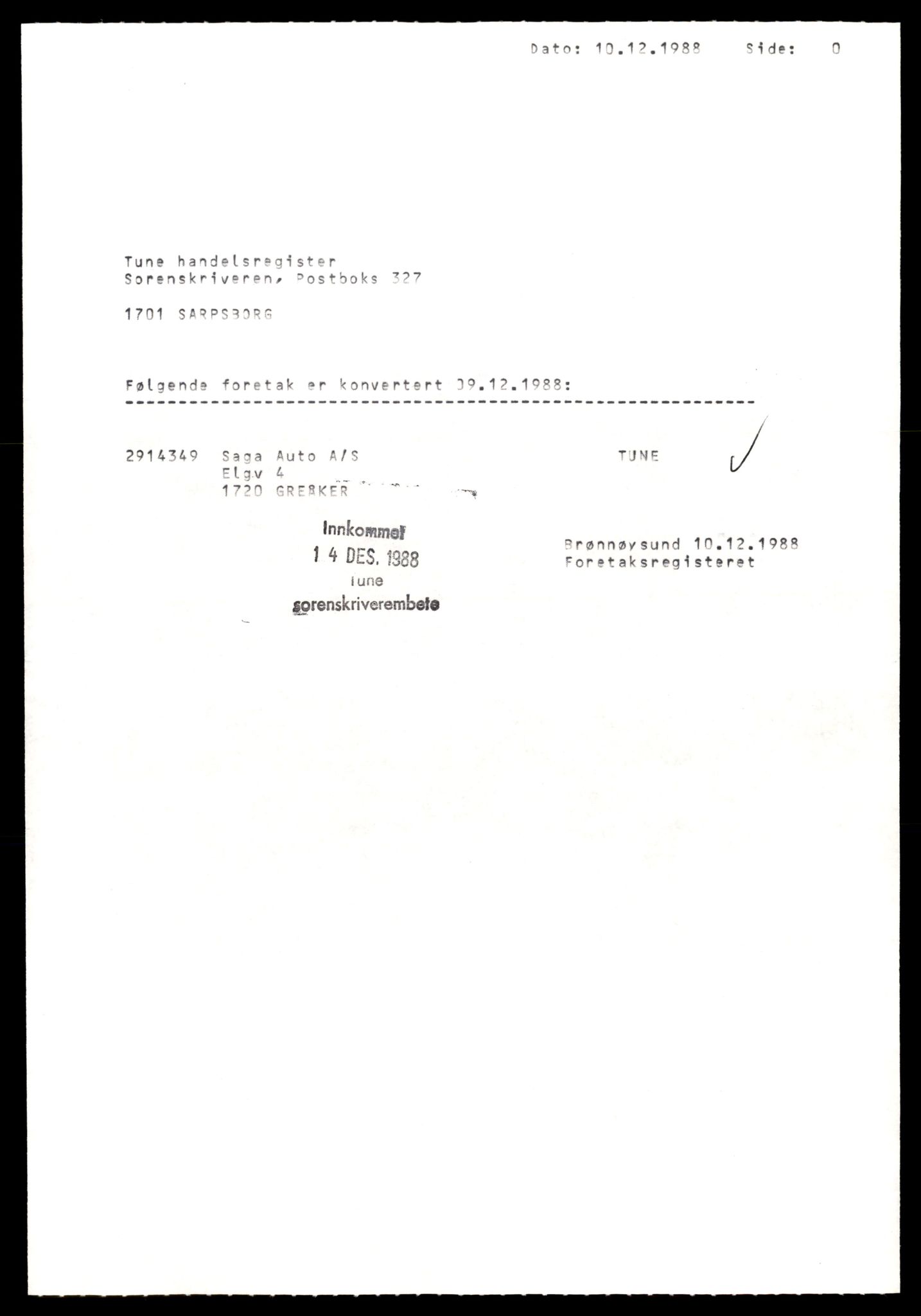 Tune sorenskriveri, SAT/A-10470/K/Ke/Keb/L0002: Enkeltmannsforetak, aksjeselskap og andelslag, S - Å, 1944-1990, p. 1