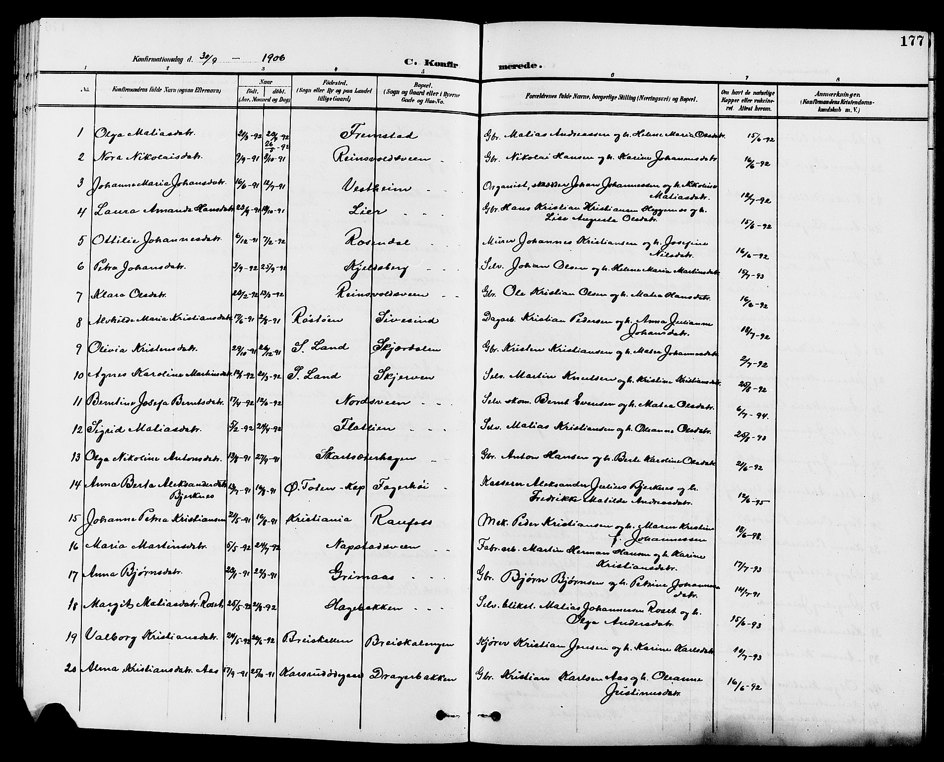 Vestre Toten prestekontor, SAH/PREST-108/H/Ha/Hab/L0010: Parish register (copy) no. 10, 1900-1912, p. 177