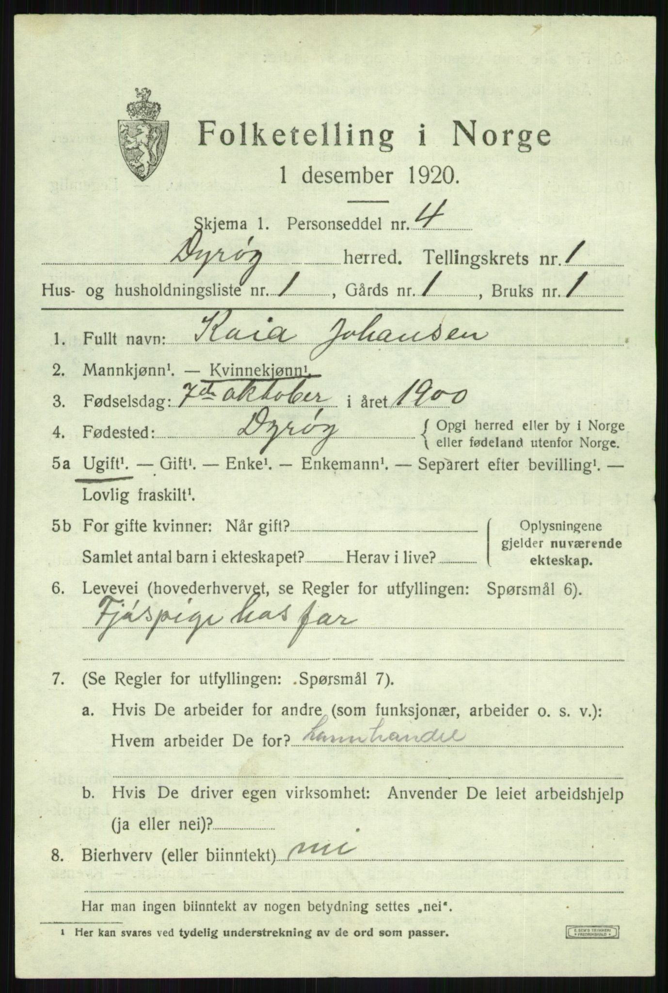 SATØ, 1920 census for Dyrøy, 1920, p. 651