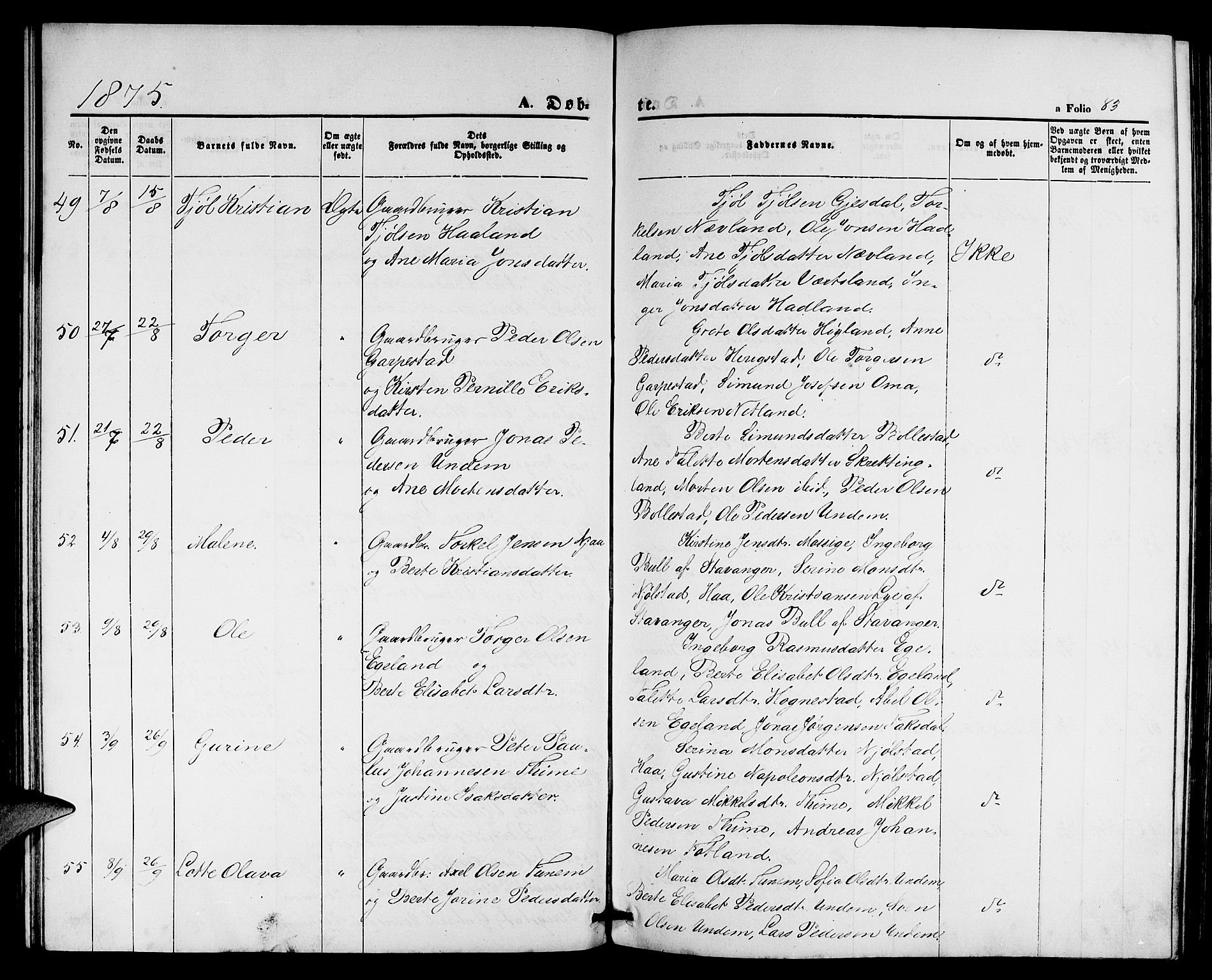 Lye sokneprestkontor, AV/SAST-A-101794/001/30BB/L0004: Parish register (copy) no. B 4, 1868-1878, p. 83