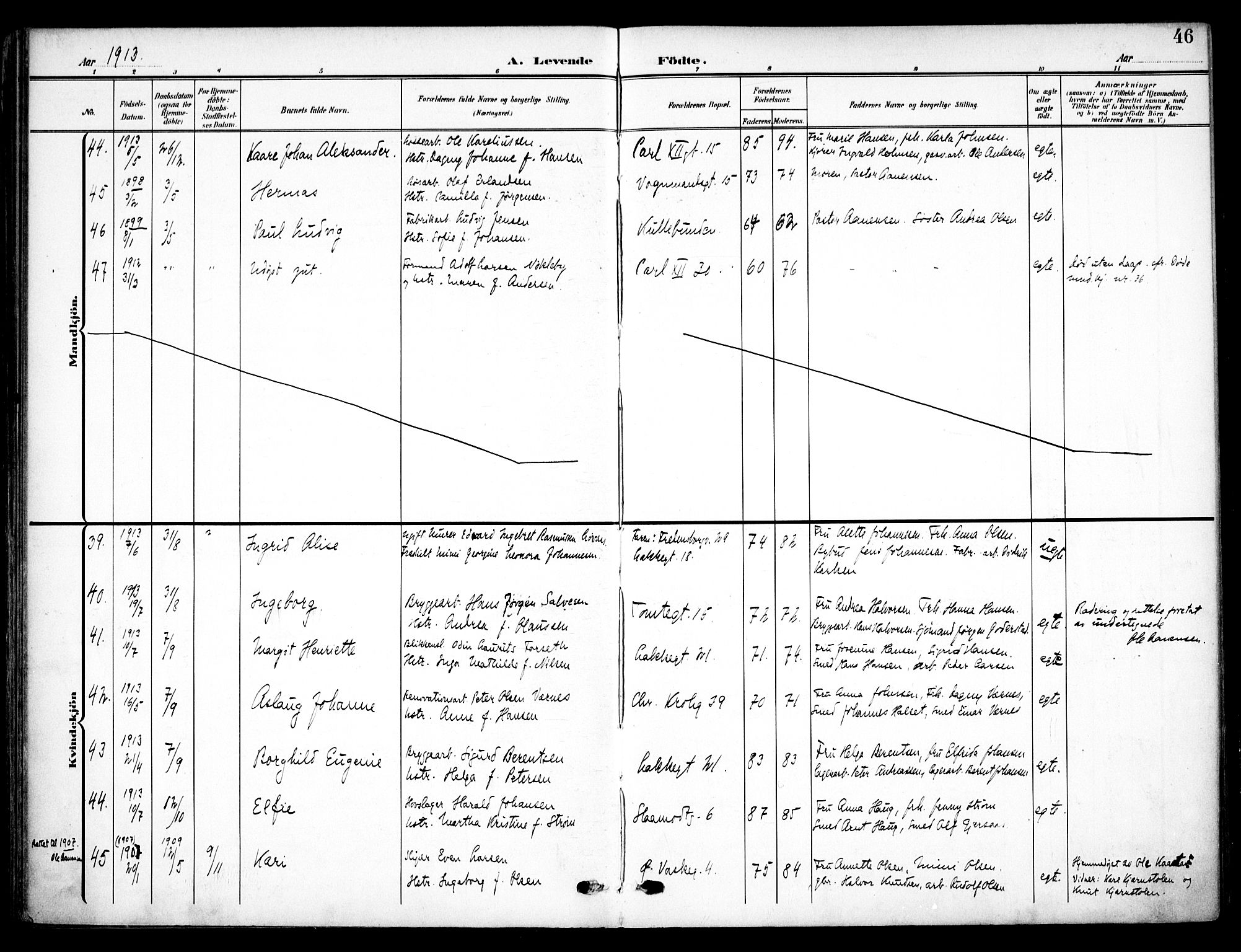 Vaterland prestekontor Kirkebøker, AV/SAO-A-10880/F/Fa/L0001: Parish register (official) no. 1, 1907-1930, p. 46