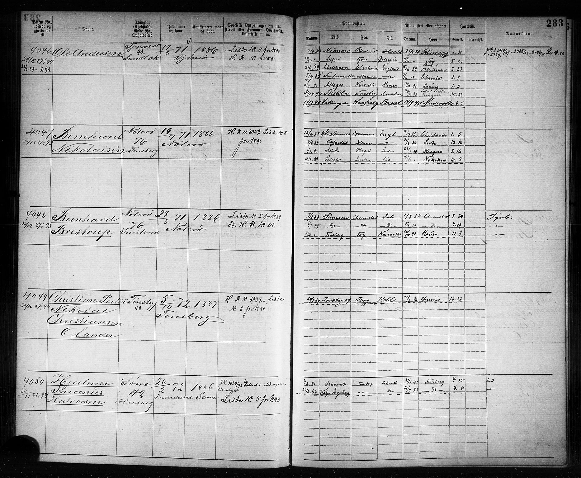 Tønsberg innrulleringskontor, AV/SAKO-A-786/F/Fb/L0007: Annotasjonsrulle Patent nr. 2636-5150, 1881-1892, p. 284