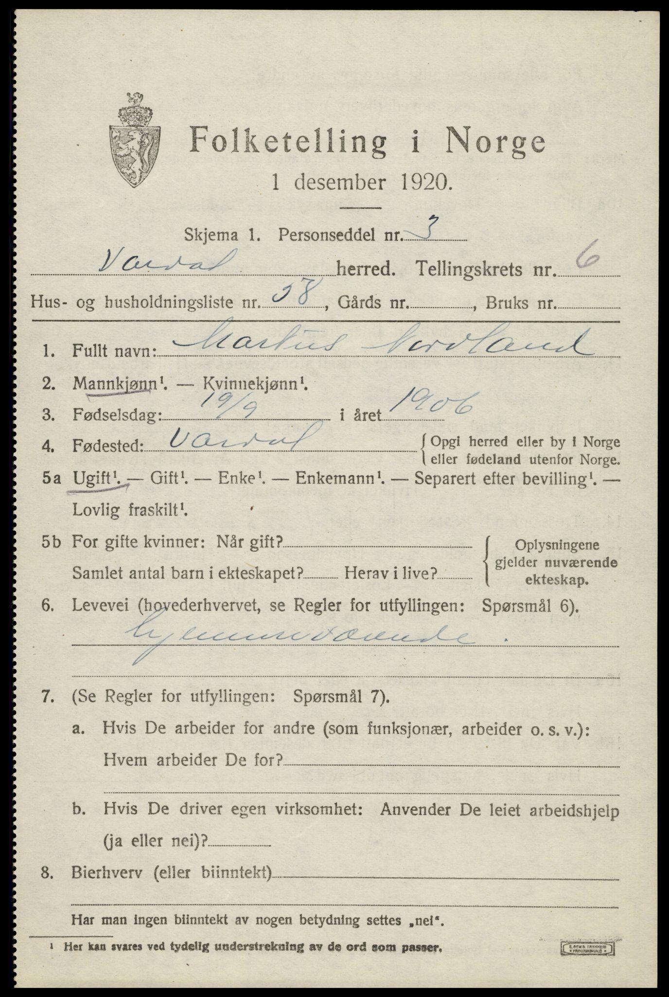 SAH, 1920 census for Vardal, 1920, p. 4543