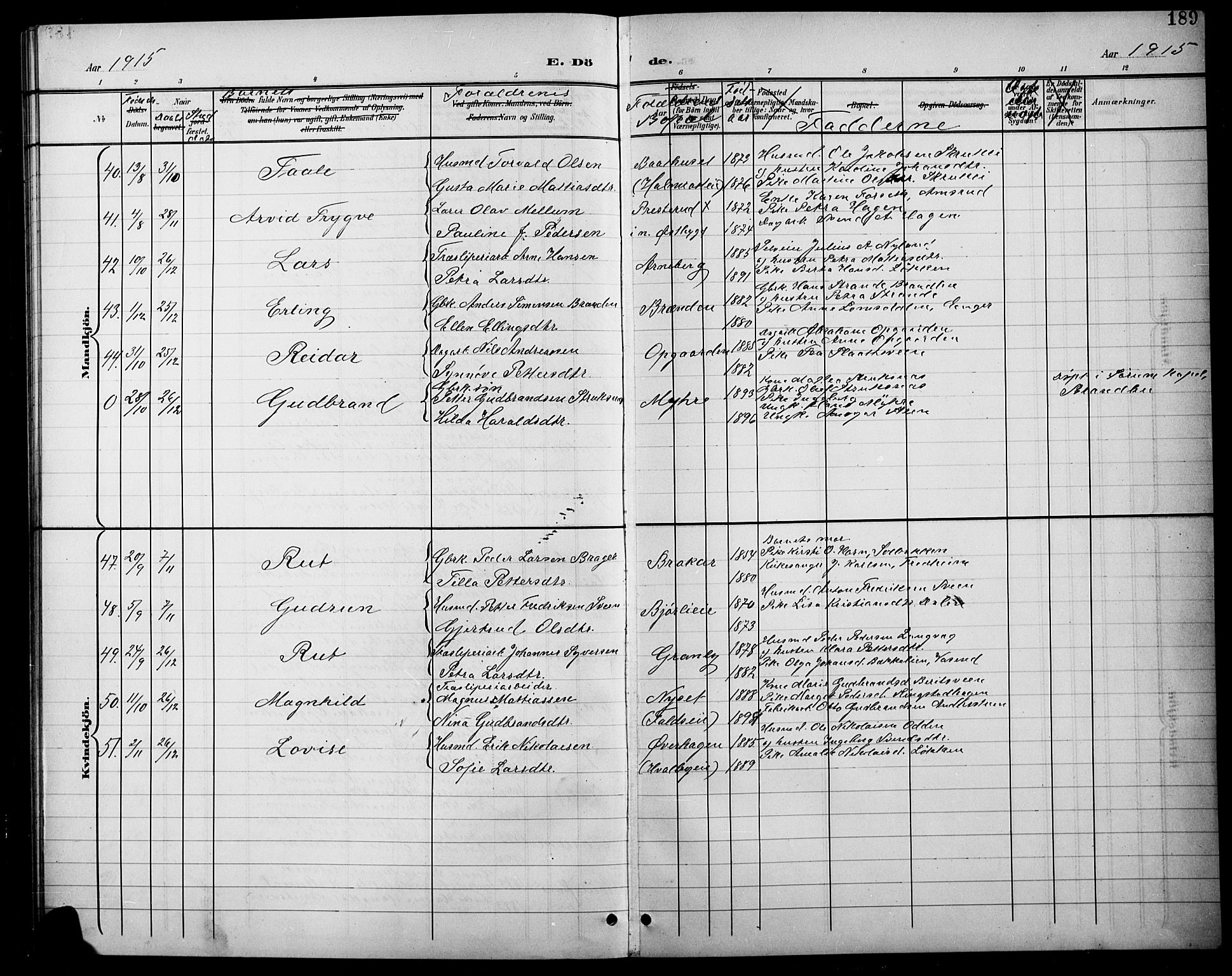 Søndre Land prestekontor, AV/SAH-PREST-122/L/L0004: Parish register (copy) no. 4, 1901-1915, p. 189