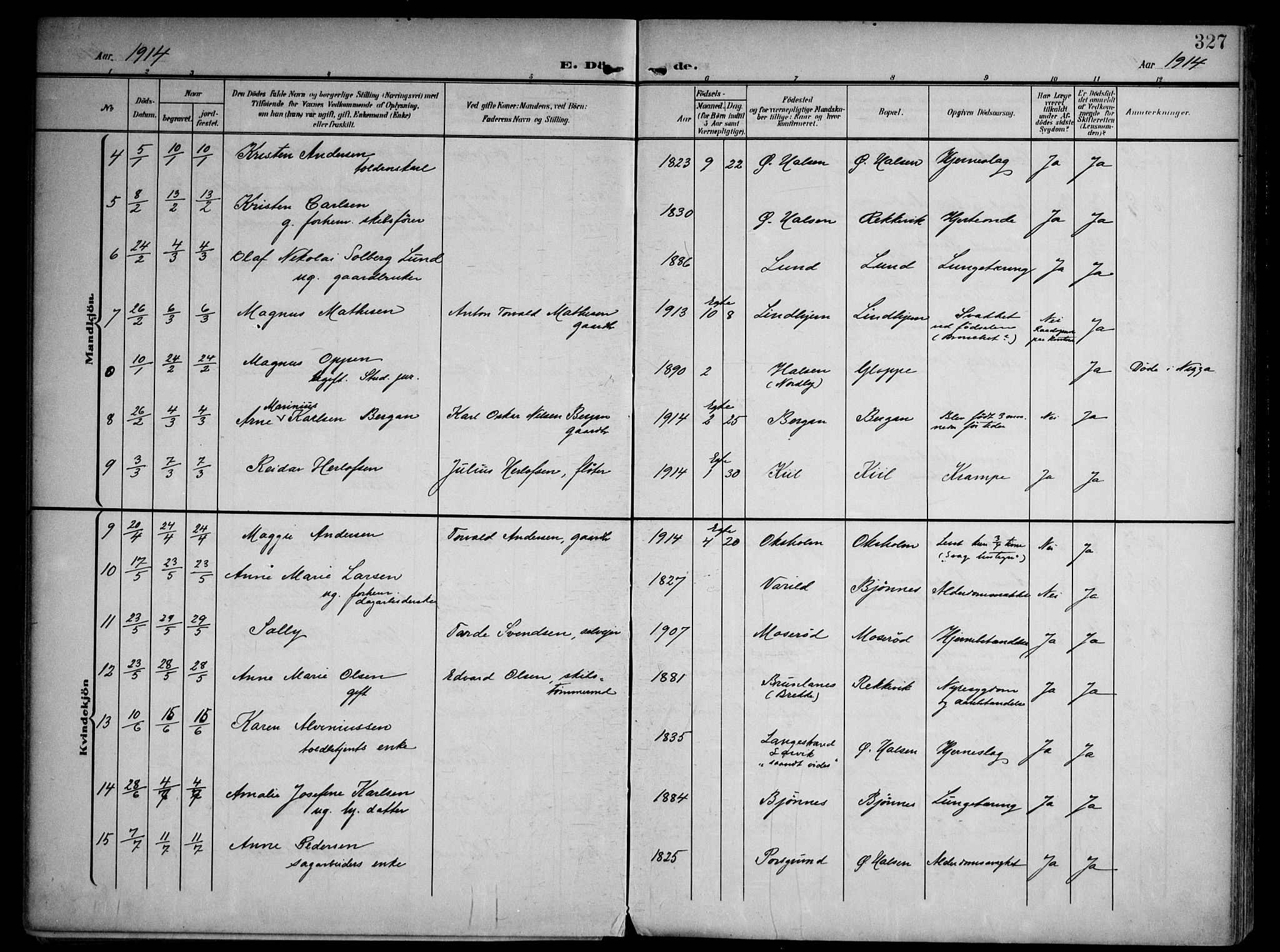 Tjølling kirkebøker, AV/SAKO-A-60/F/Fa/L0010: Parish register (official) no. 10, 1906-1923, p. 327