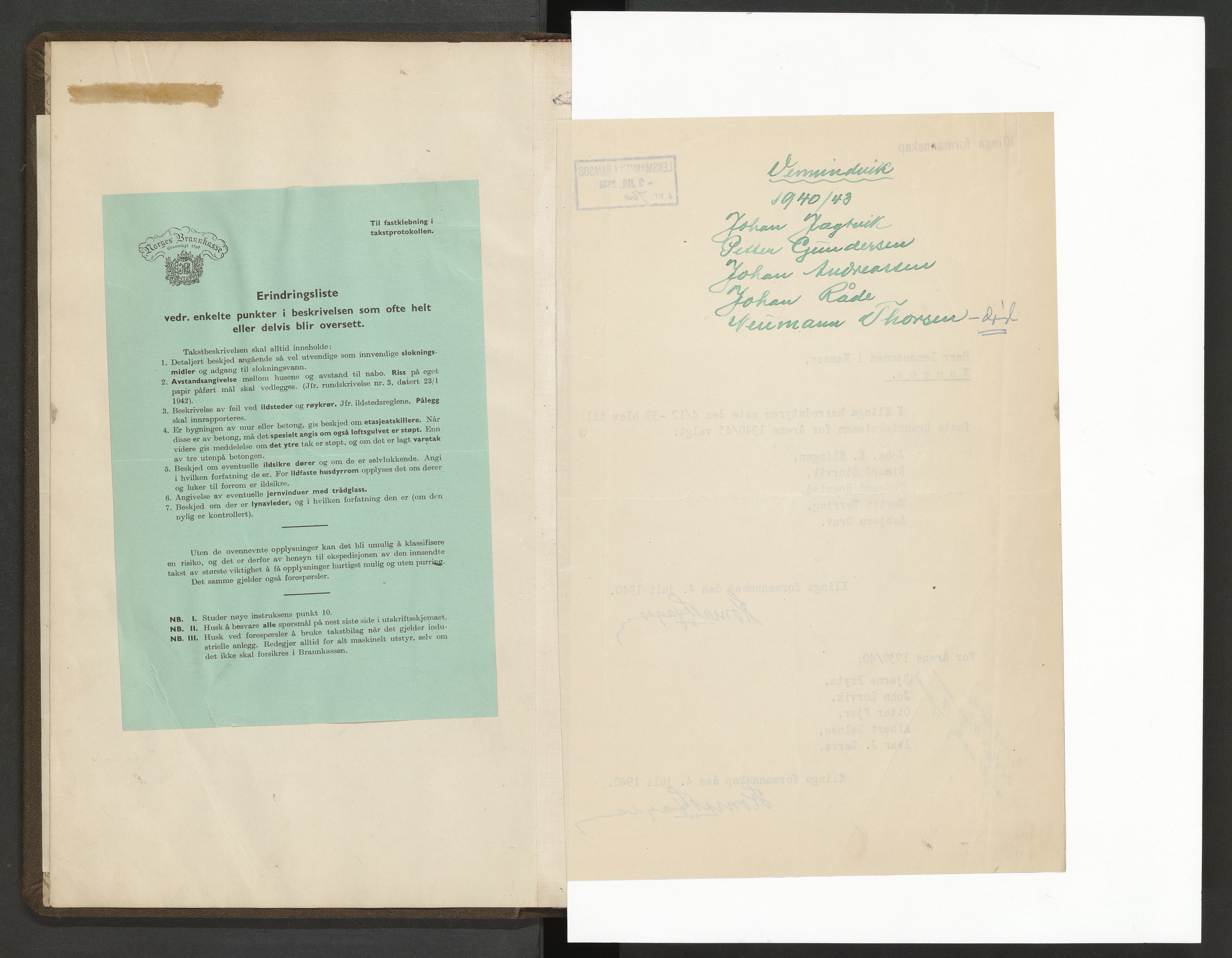 Norges Brannkasse Namsos, AV/SAT-A-5596/Fa/L0001: Branntakstprotokoll, 1940-1953