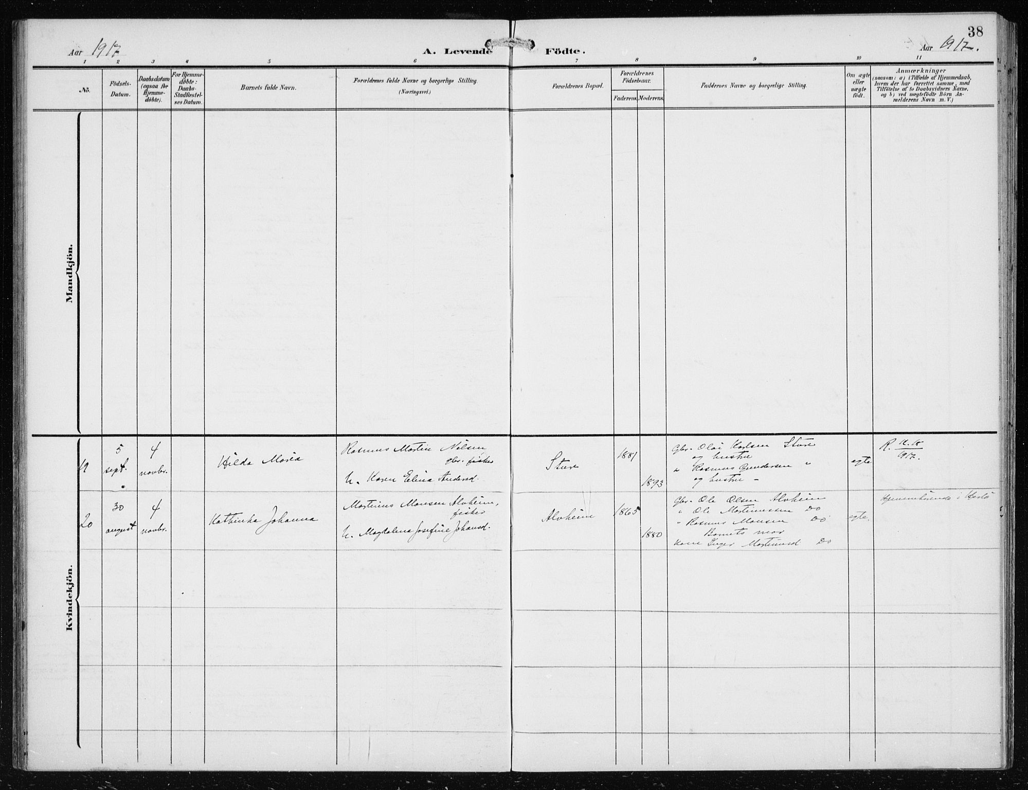 Herdla Sokneprestembete, AV/SAB-A-75701/H/Haa: Parish register (official) no. B 1, 1902-1921, p. 38