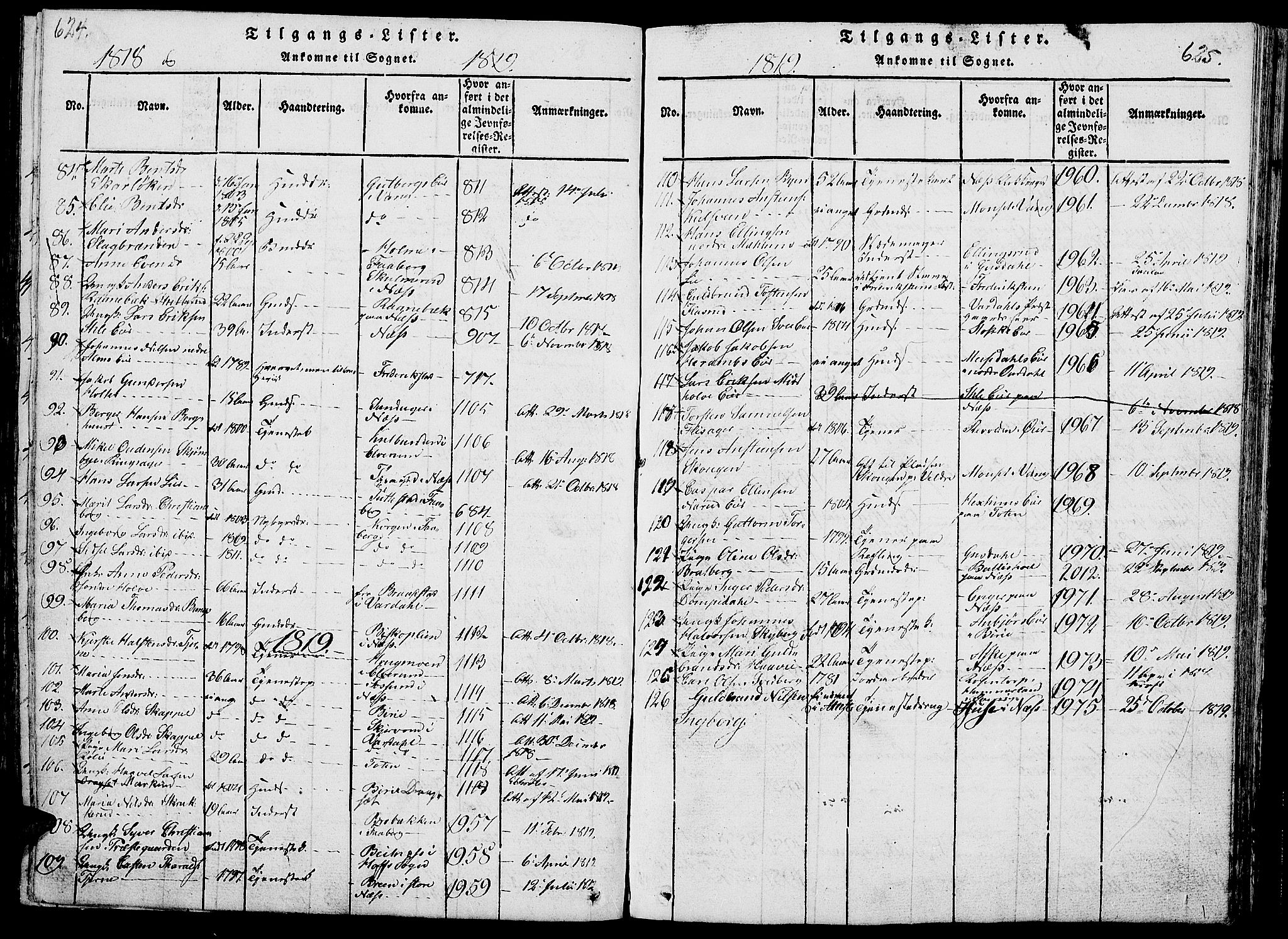 Ringsaker prestekontor, SAH/PREST-014/L/La/L0001: Parish register (copy) no. 1, 1814-1826, p. 624-625