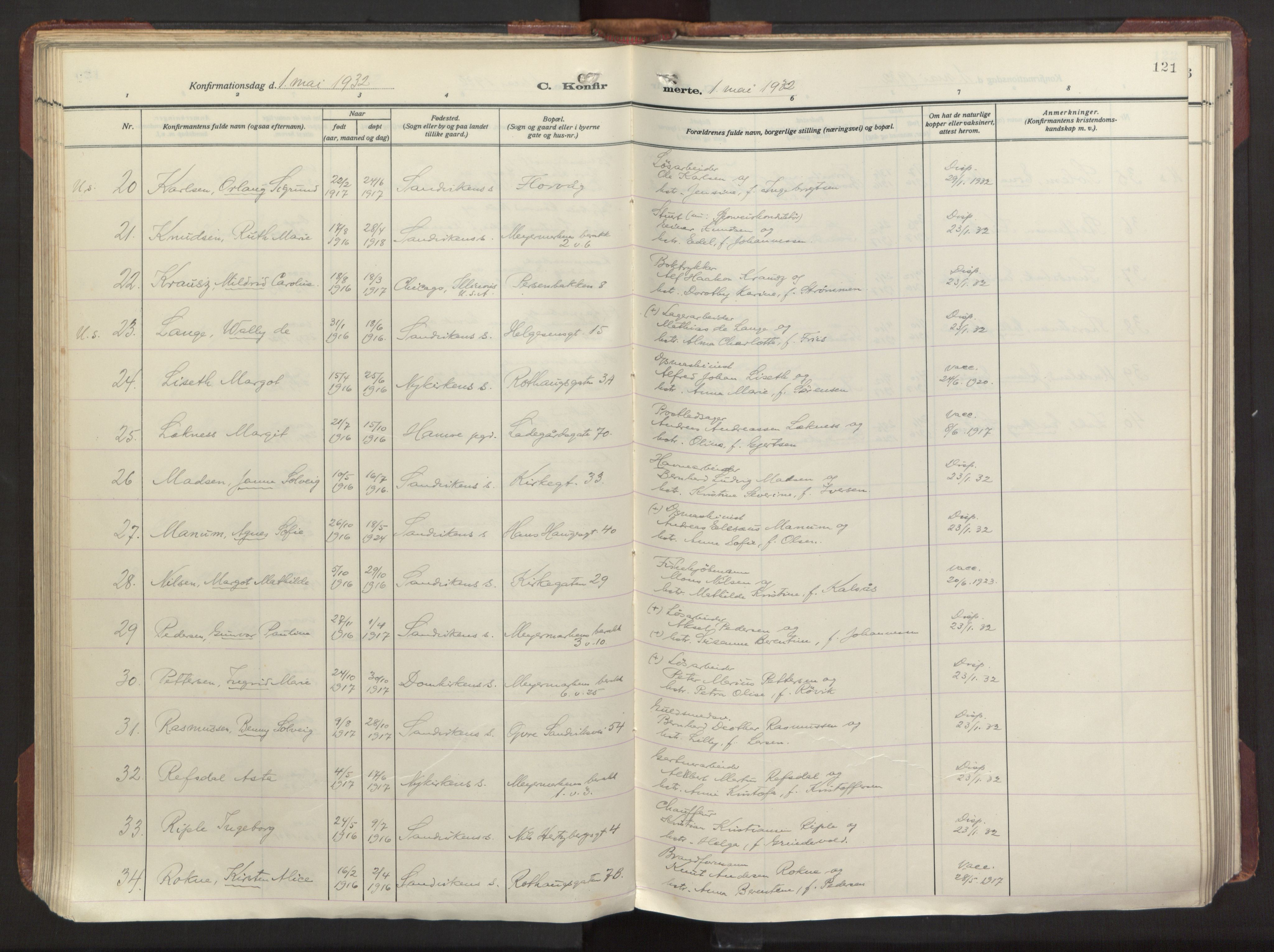 Sandviken Sokneprestembete, AV/SAB-A-77601/H/Ha/L0013: Parish register (official) no. C 4, 1926-1943, p. 121