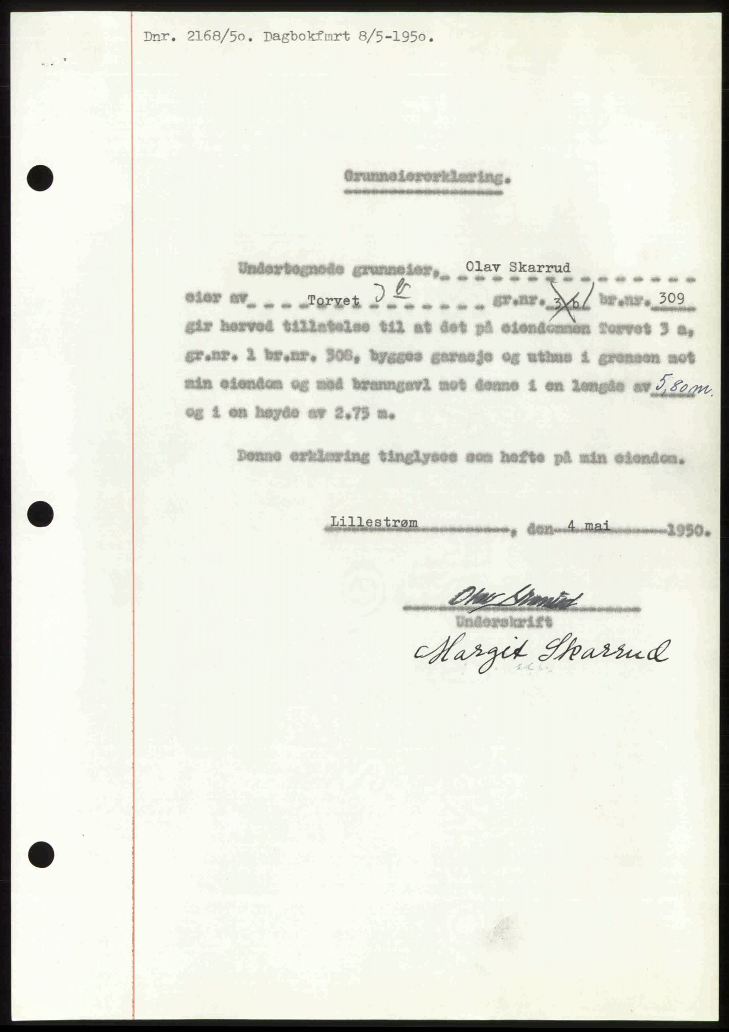 Nedre Romerike sorenskriveri, SAO/A-10469/G/Gb/Gbd/L0030: Mortgage book no. 30, 1950-1950, Diary no: : 2168/1950