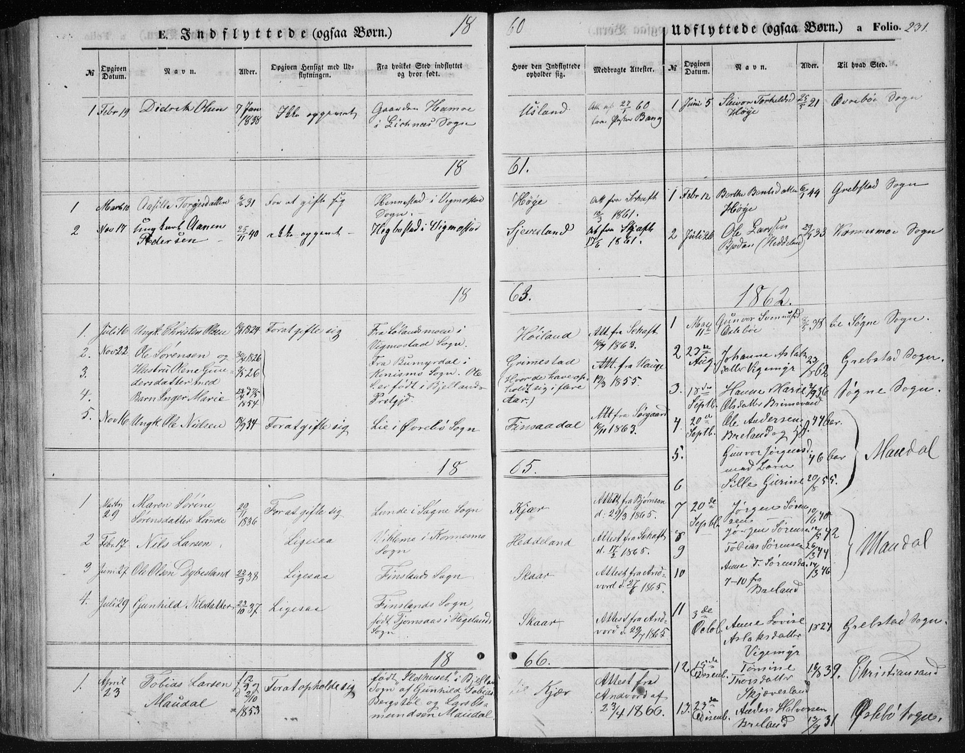 Holum sokneprestkontor, SAK/1111-0022/F/Fb/Fbc/L0002: Parish register (copy) no. B 2, 1860-1882, p. 231
