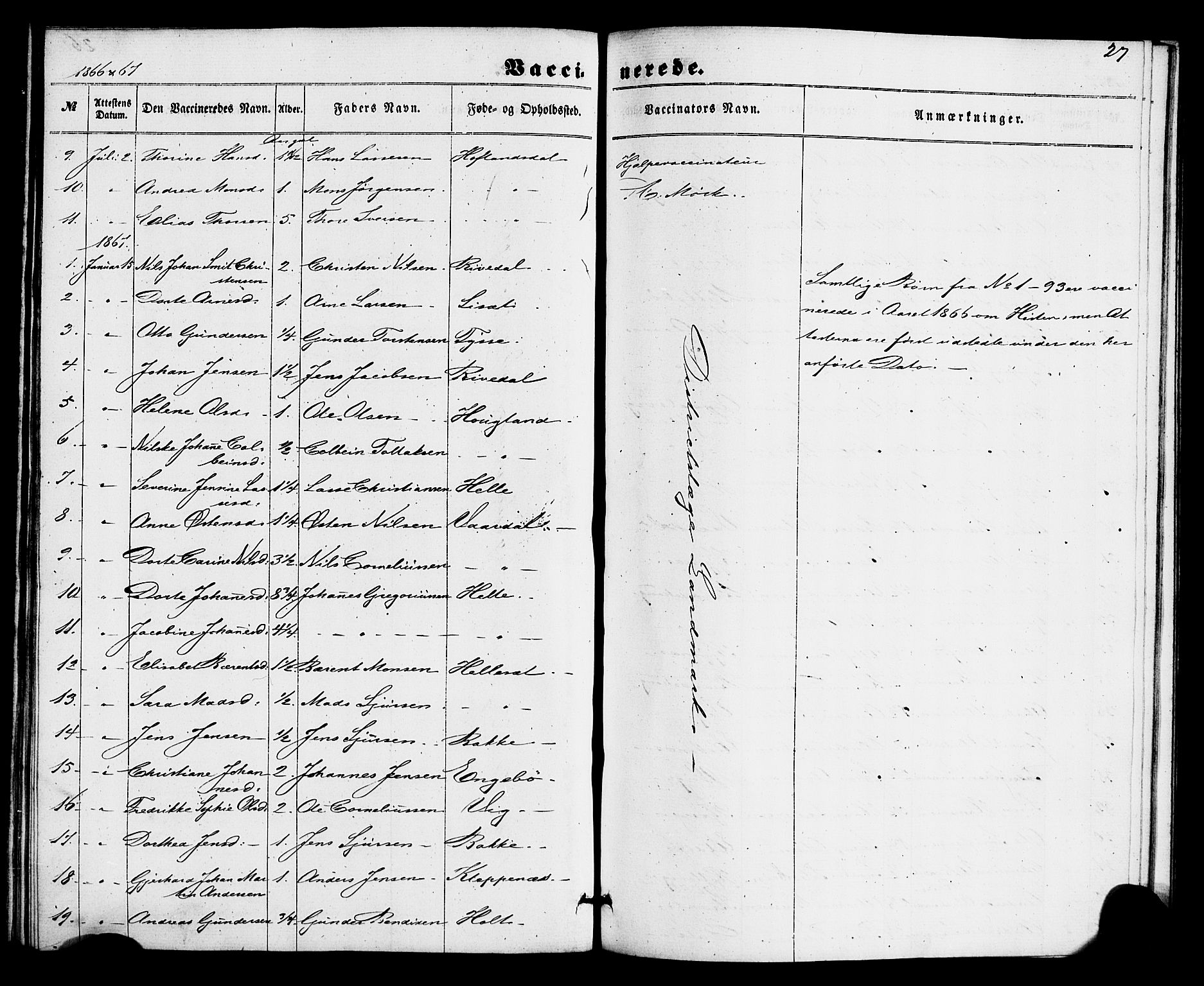 Fjaler sokneprestembete, AV/SAB-A-79801/H/Haa/Haaa/L0011: Parish register (official) no. A 11, 1860-1867, p. 27