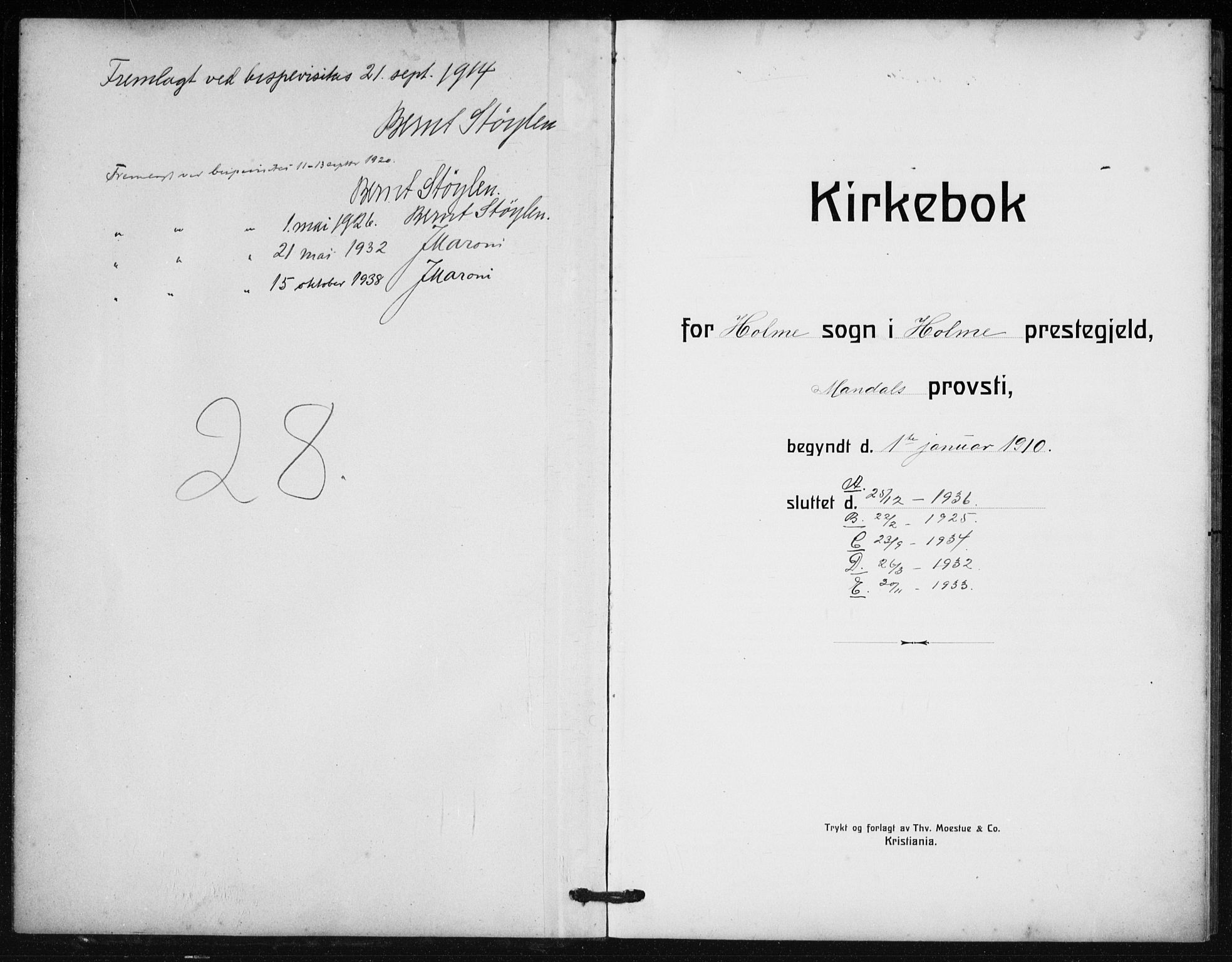 Holum sokneprestkontor, SAK/1111-0022/F/Fb/Fba/L0006: Parish register (copy) no. B 6, 1910-1936