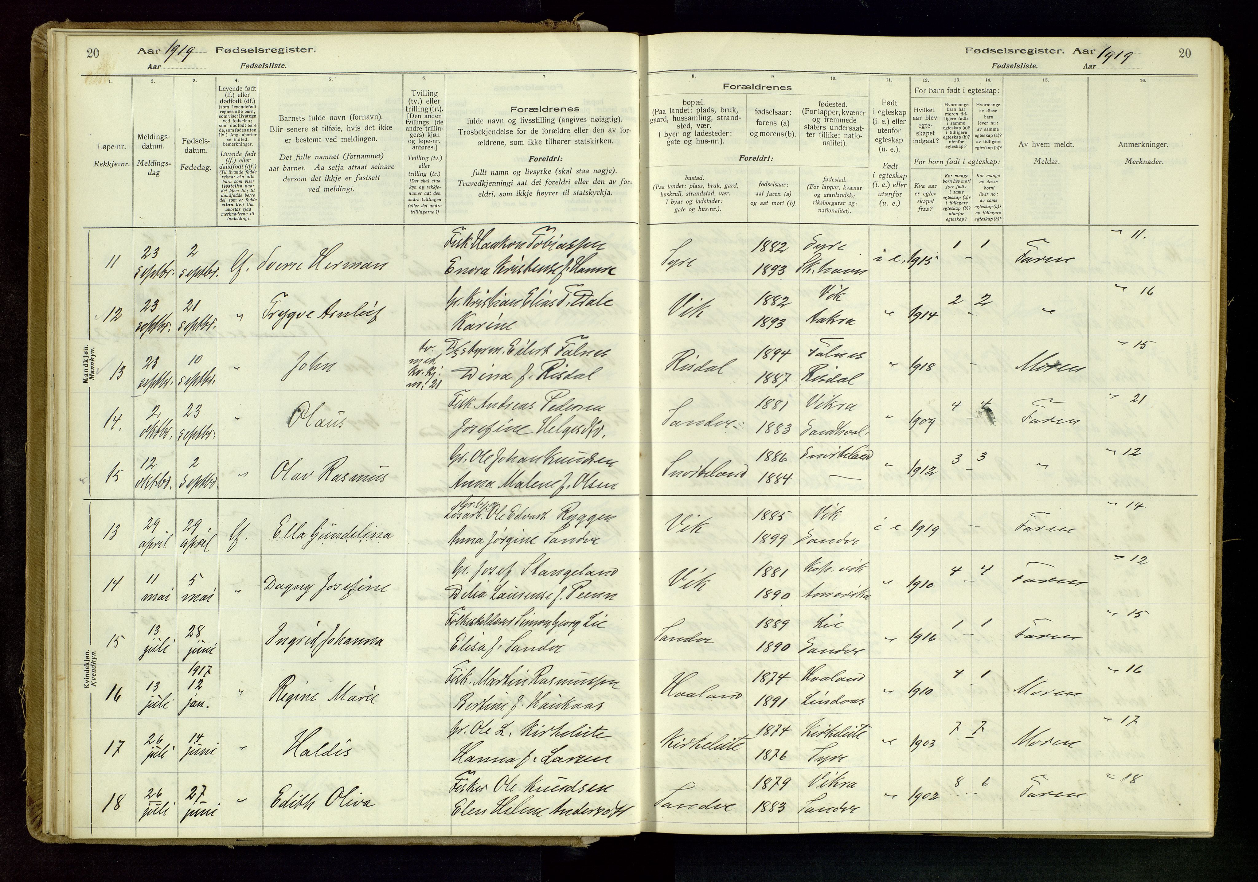 Skudenes sokneprestkontor, SAST/A -101849/I/Id/L0001: Birth register no. 1, 1916-1964, p. 20