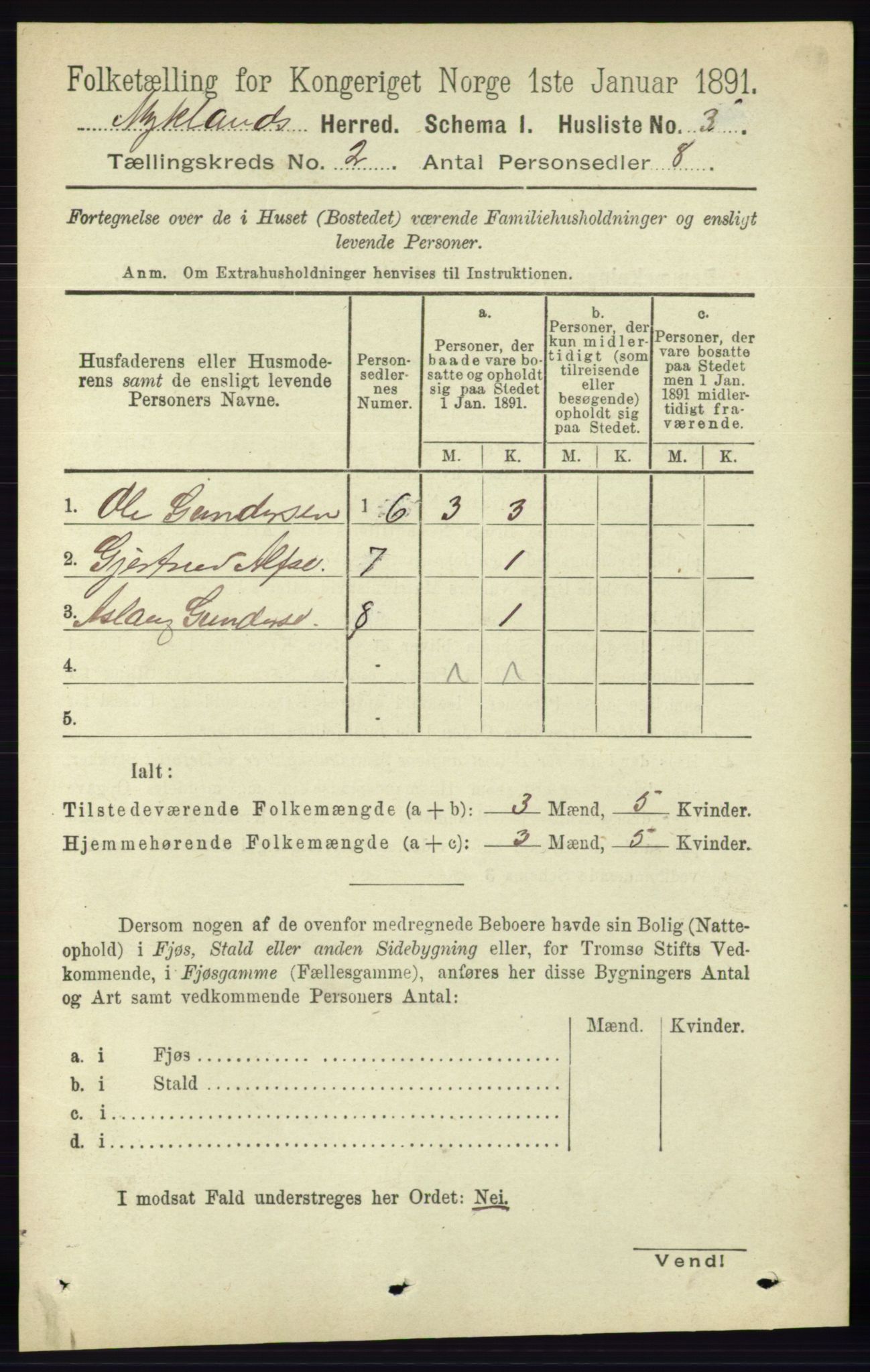 RA, 1891 census for 0932 Mykland, 1891, p. 278