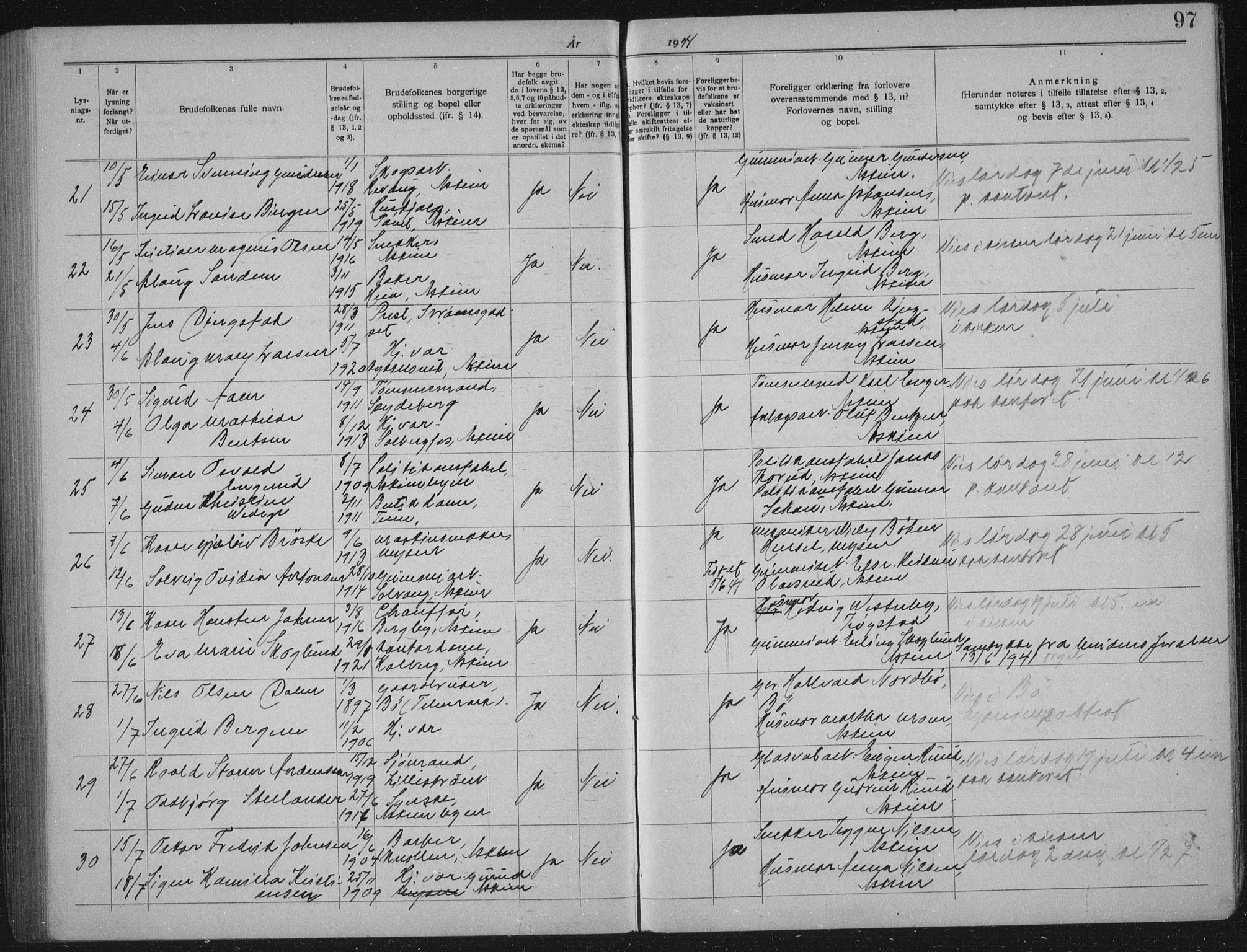 Askim prestekontor Kirkebøker, SAO/A-10900/H/Ha/L0001: Banns register no. 1, 1919-1941, p. 97