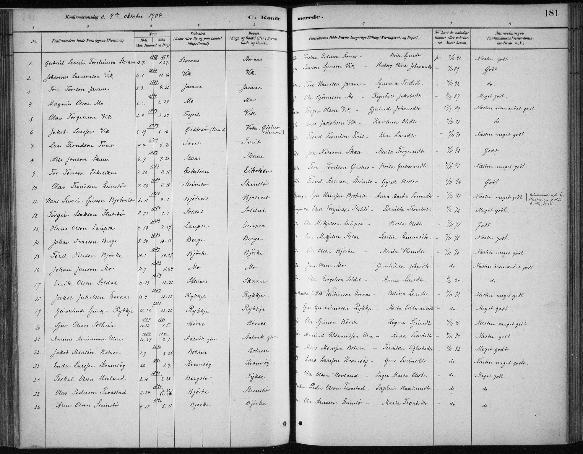 Kvam sokneprestembete, SAB/A-76201/H/Haa: Parish register (official) no. C  1, 1880-1906, p. 181