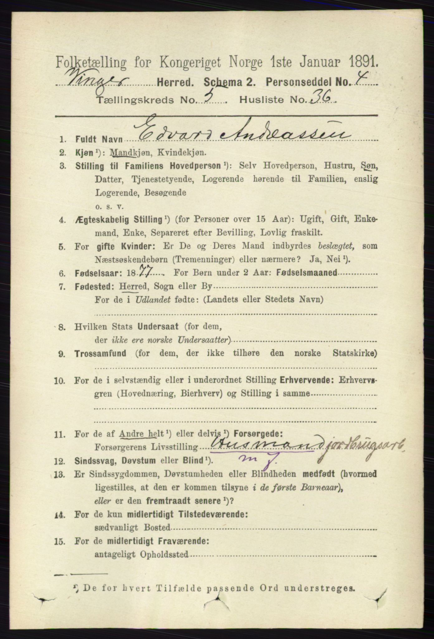 RA, 1891 census for 0421 Vinger, 1891, p. 2249