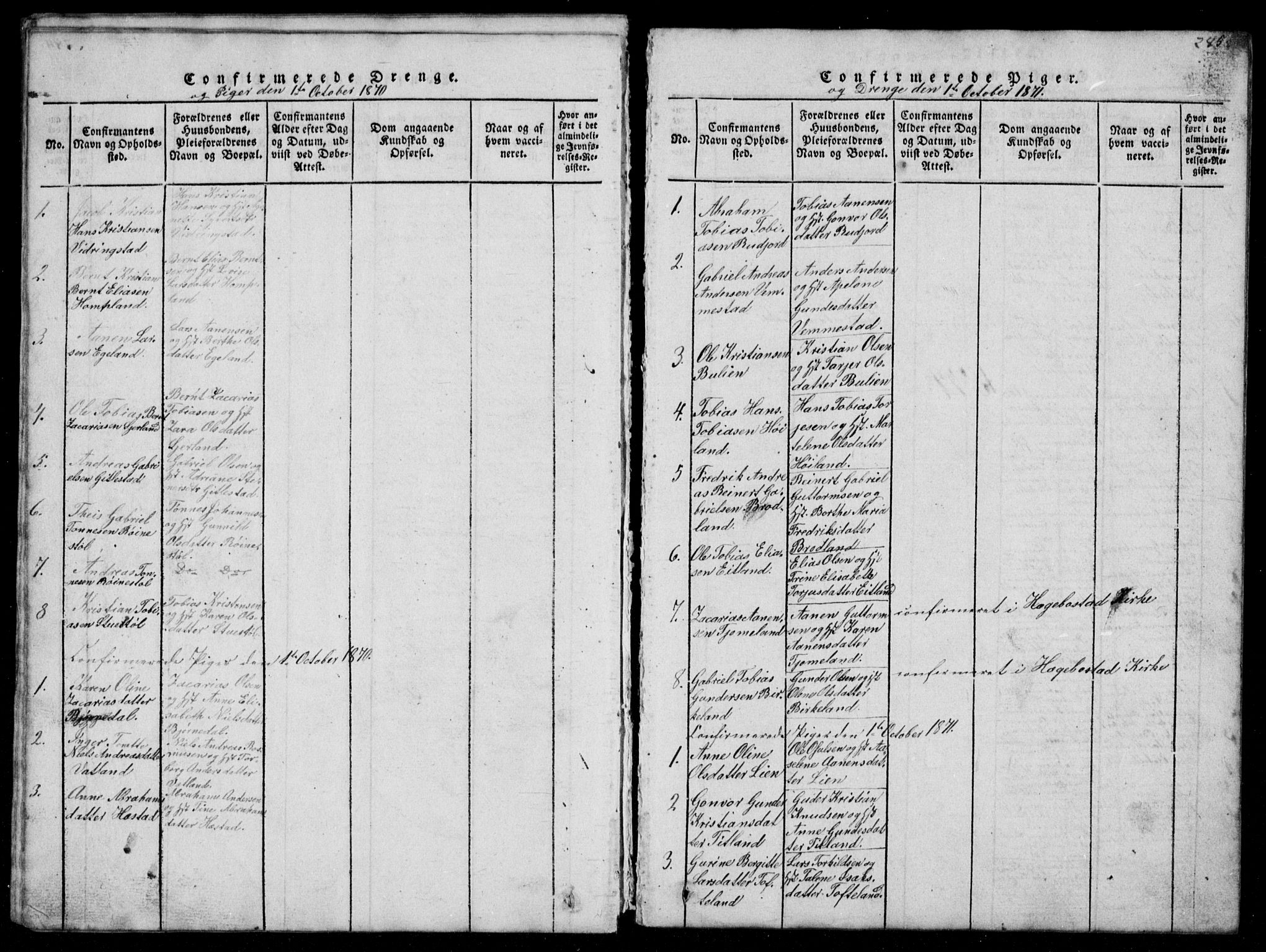 Lyngdal sokneprestkontor, SAK/1111-0029/F/Fb/Fbb/L0001: Parish register (copy) no. B 1, 1816-1900, p. 285