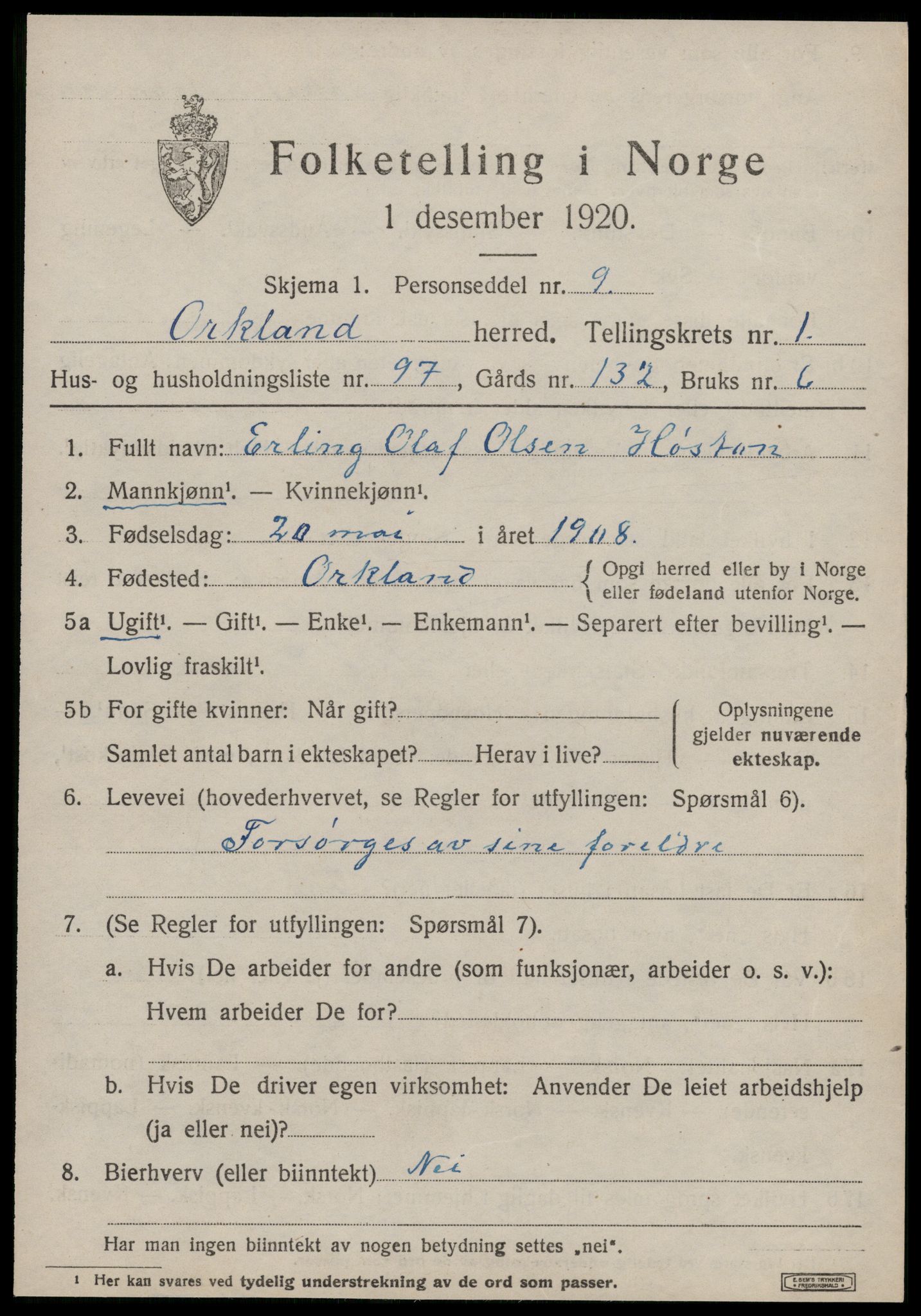 SAT, 1920 census for Orkland, 1920, p. 1670