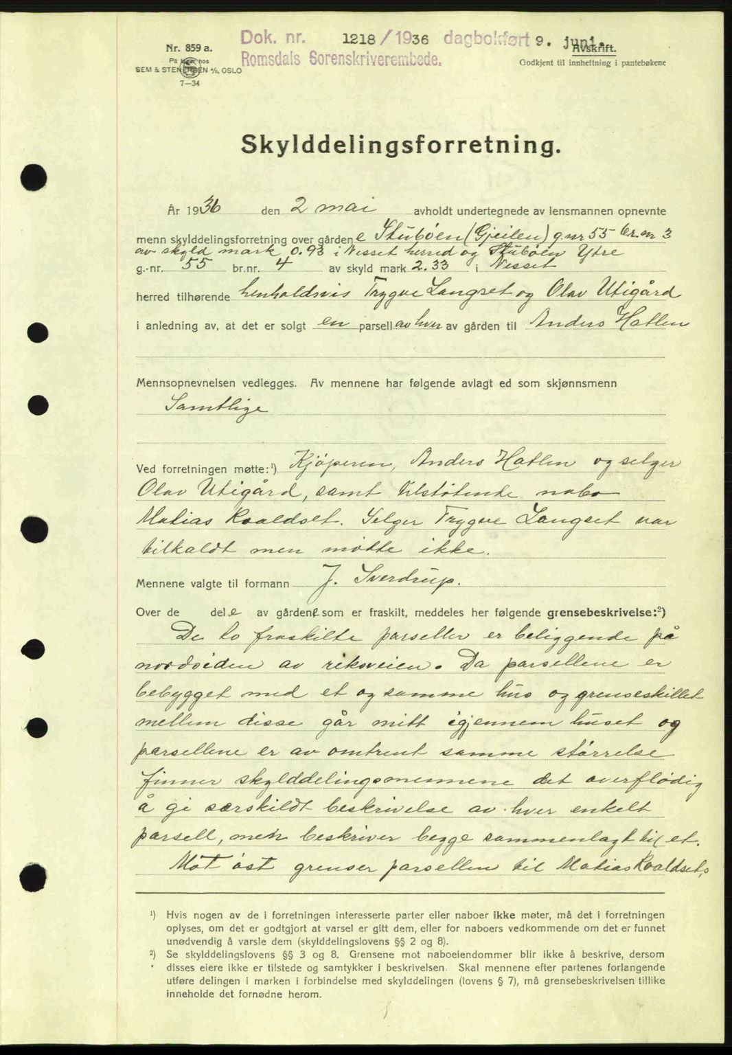 Romsdal sorenskriveri, AV/SAT-A-4149/1/2/2C: Mortgage book no. A1, 1936-1936, Diary no: : 1218/1936