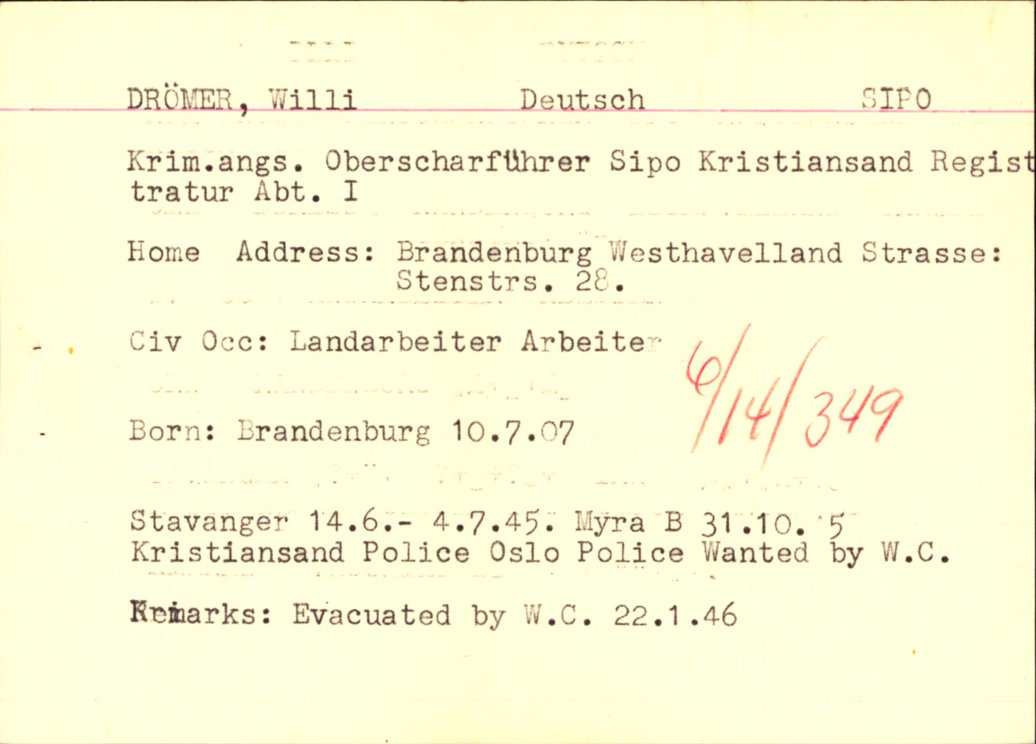 Forsvaret, Forsvarets overkommando II, AV/RA-RAFA-3915/D/Db/L0006: CI Questionaires. Tyske okkupasjonsstyrker i Norge. Tyskere., 1945-1946, p. 272