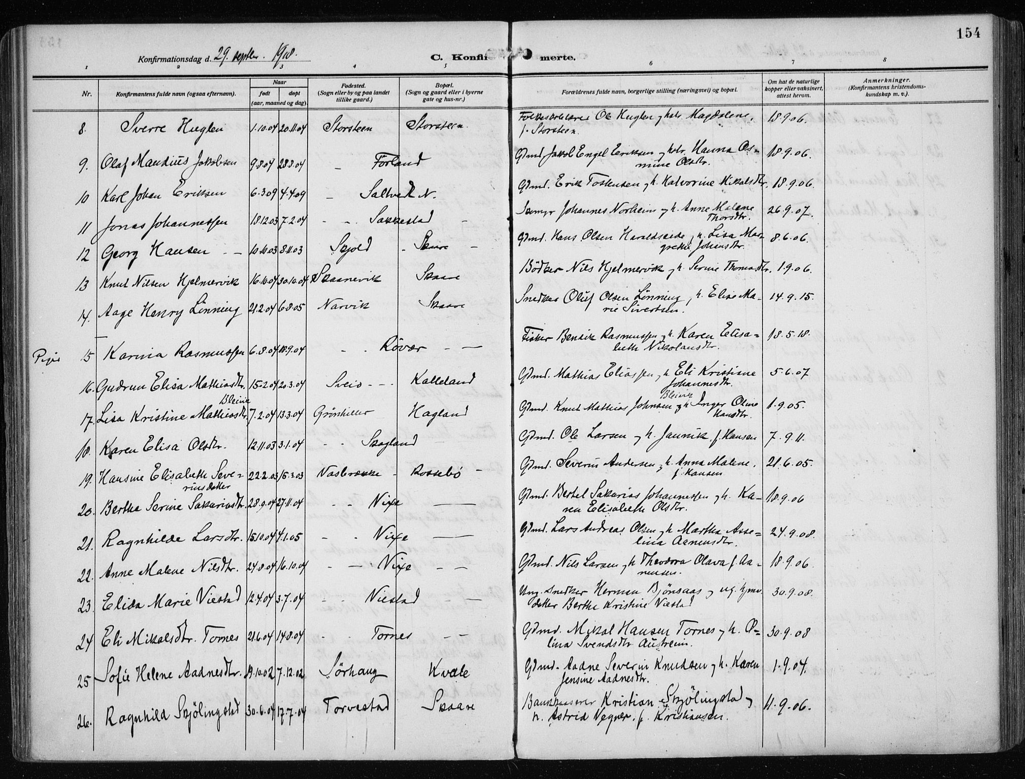 Haugesund sokneprestkontor, AV/SAST-A -101863/H/Ha/Haa/L0010: Parish register (official) no. A 10, 1909-1935, p. 154