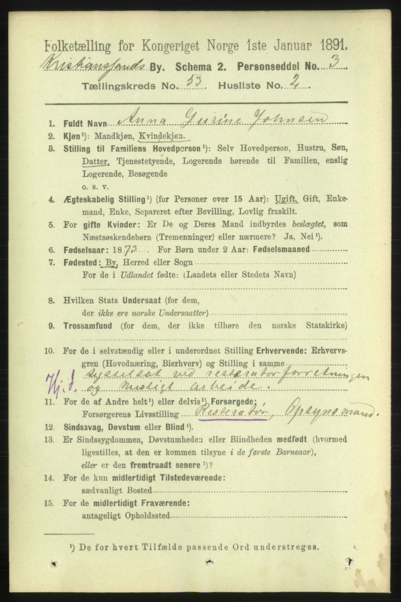 RA, 1891 census for 1001 Kristiansand, 1891, p. 15258