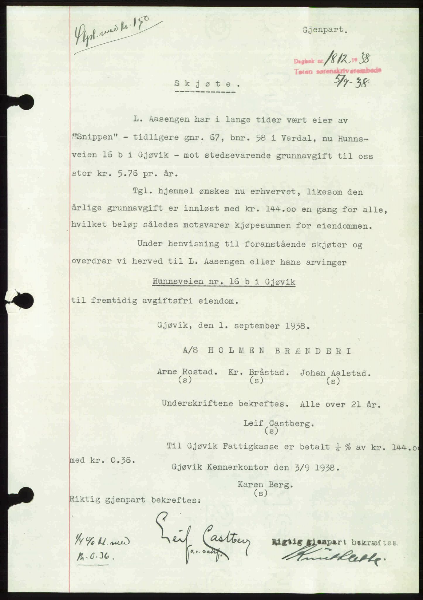 Toten tingrett, SAH/TING-006/H/Hb/Hbc/L0004: Mortgage book no. Hbc-04, 1938-1938, Diary no: : 1812/1938
