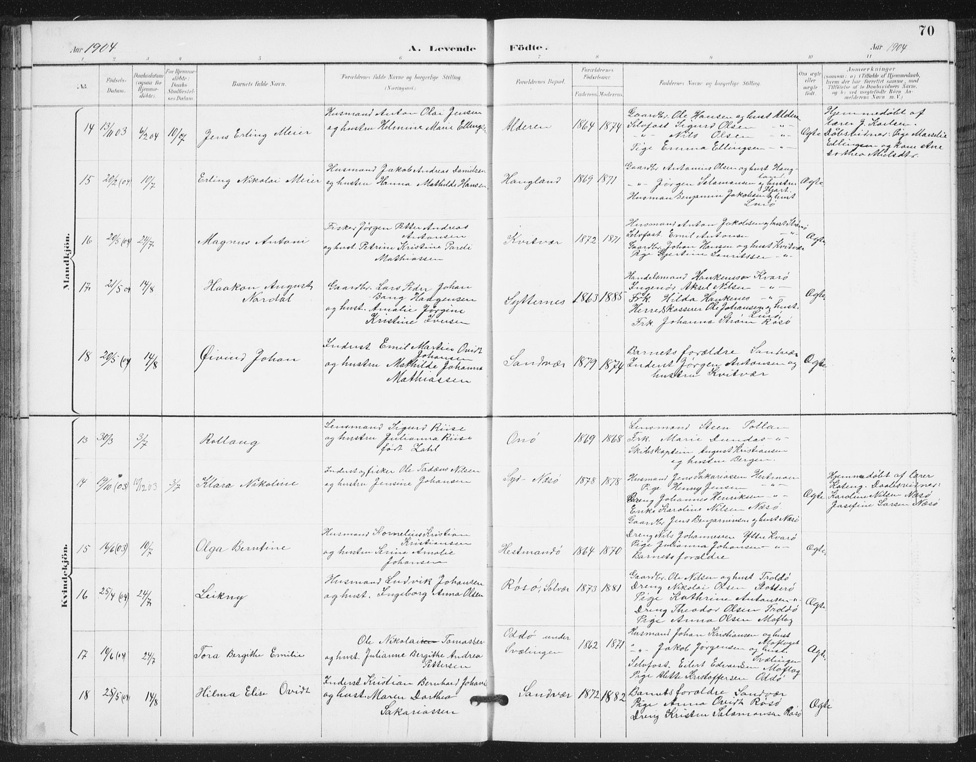 Ministerialprotokoller, klokkerbøker og fødselsregistre - Nordland, AV/SAT-A-1459/839/L0573: Parish register (copy) no. 839C03, 1892-1917, p. 70