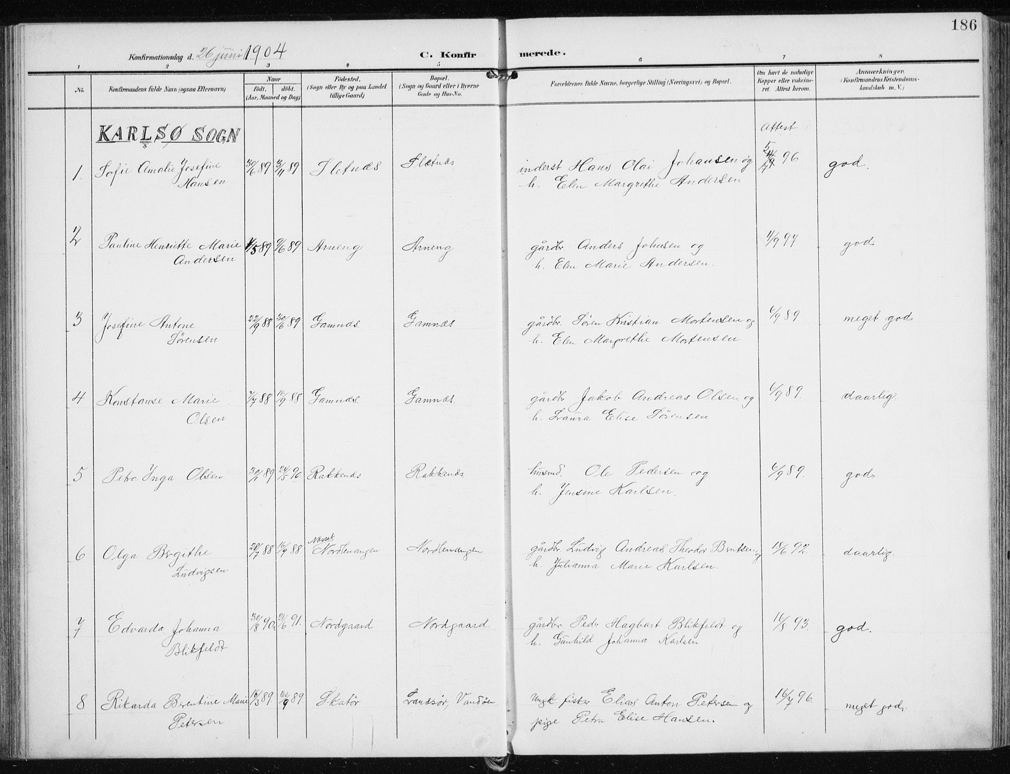 Karlsøy sokneprestembete, SATØ/S-1299/H/Ha/Haa/L0014kirke: Parish register (official) no. 14, 1903-1917, p. 186