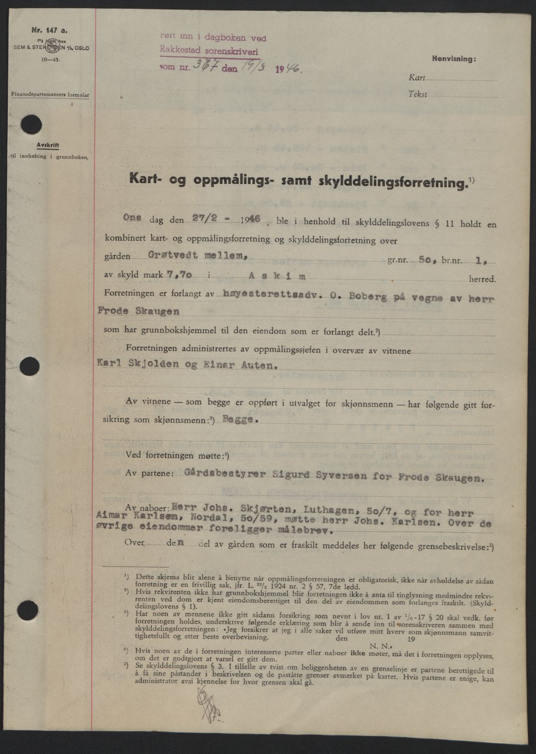 Rakkestad sorenskriveri, AV/SAO-A-10686/G/Gb/Gba/Gbab/L0012a: Mortgage book no. A12 I, 1945-1946, Diary no: : 367/1946