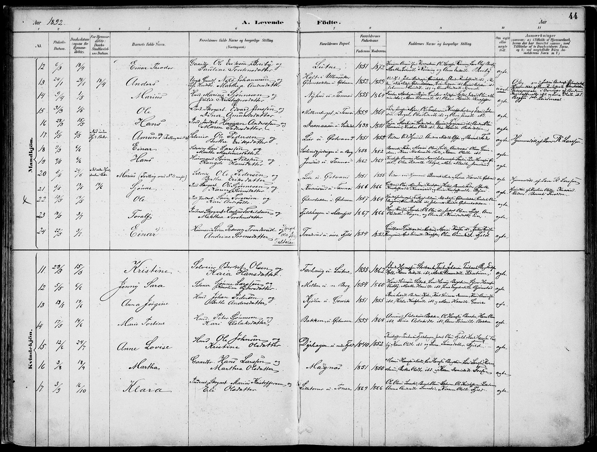 Nord-Odal prestekontor, AV/SAH-PREST-032/H/Ha/Haa/L0008: Parish register (official) no. 8, 1886-1901, p. 44