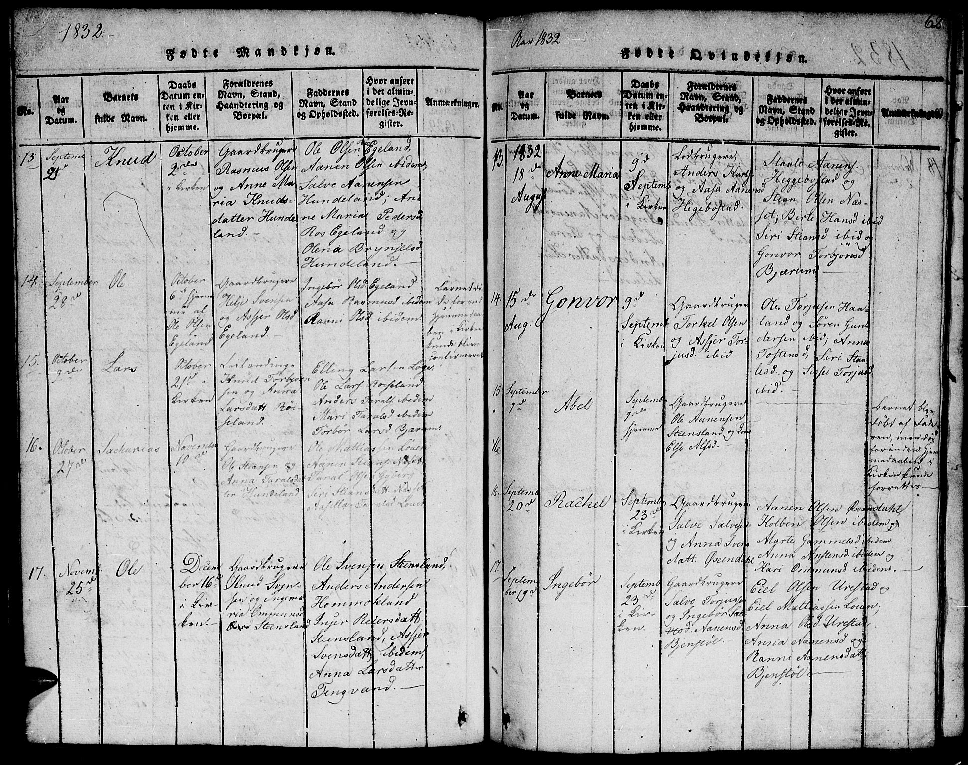 Hægebostad sokneprestkontor, AV/SAK-1111-0024/F/Fb/Fba/L0001: Parish register (copy) no. B 1, 1815-1844, p. 62