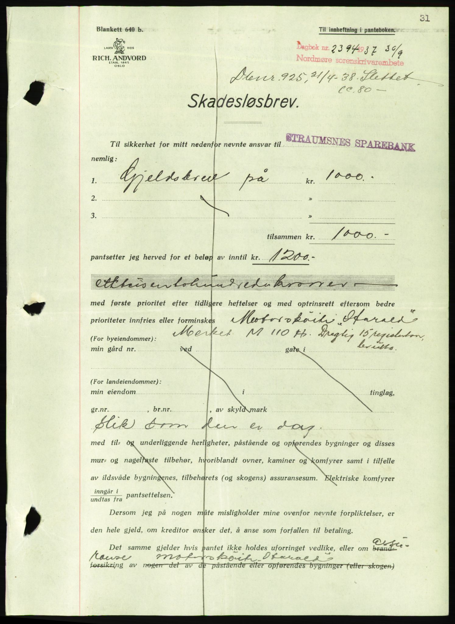 Nordmøre sorenskriveri, AV/SAT-A-4132/1/2/2Ca/L0092: Mortgage book no. B82, 1937-1938, Diary no: : 2394/1937